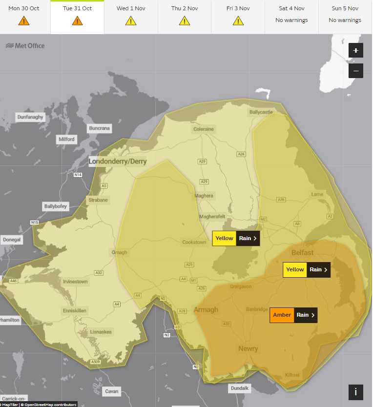 <p>An amber warning will remain in place in Northern Ireland until 9am on Tuesday</p>