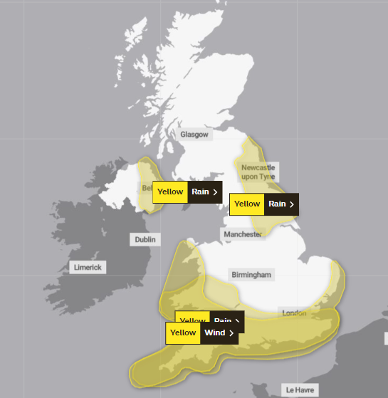 <p>Yellow wind and rain warnings come into place across Northeast </p>