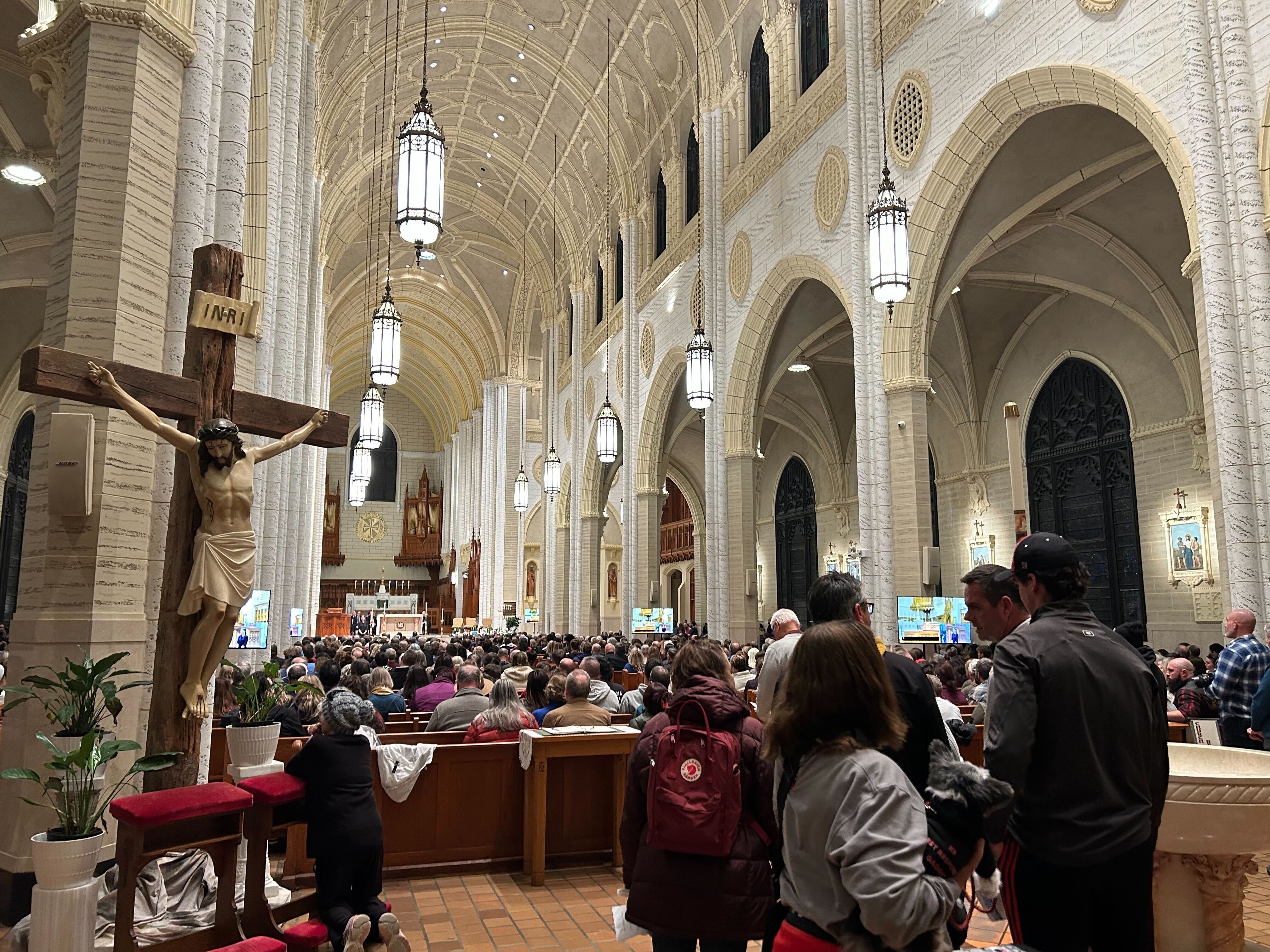 <p>Inside the basilica during Lewiston’s first major vigil for the shooting victims</p>