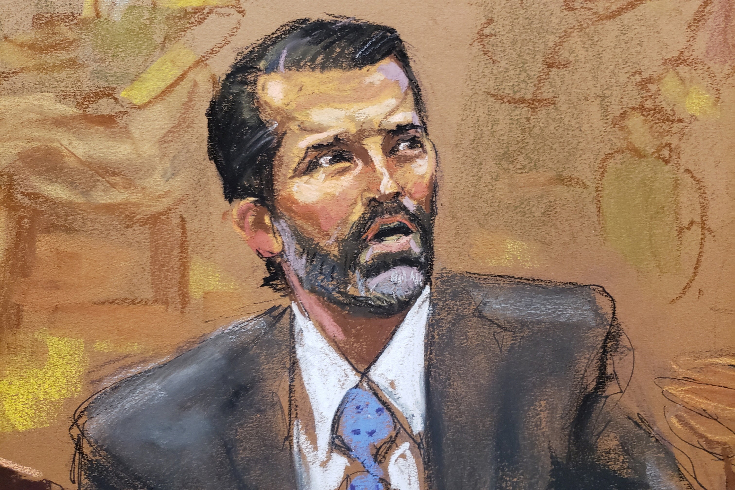 <p>A courtroom sketch depicts Donald Trump Jr testifying in a fraud trial in New York Supreme Court on 13 November. </p>