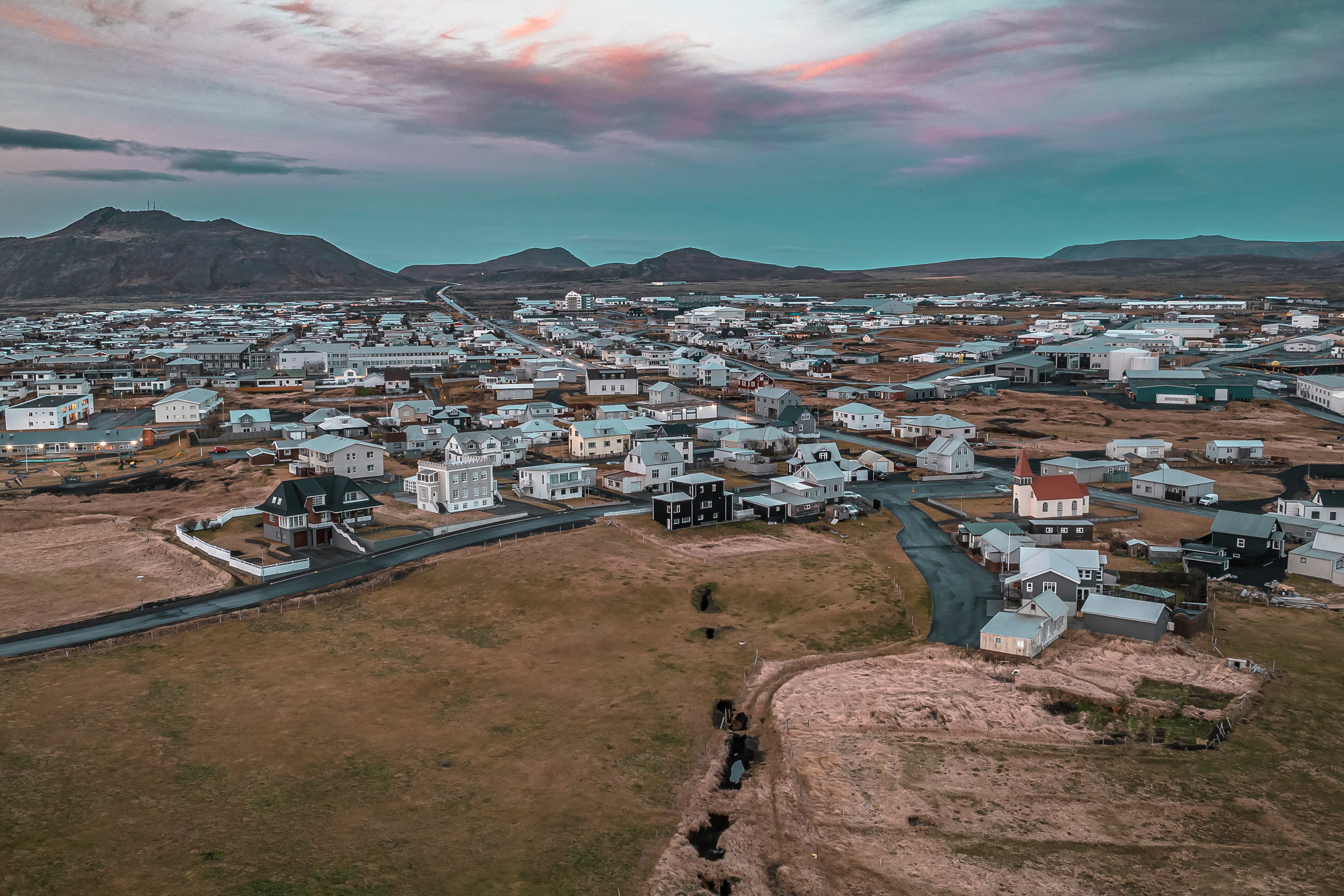 <p>This image taken with a drone shows the town of Grindavik, Iceland</p>