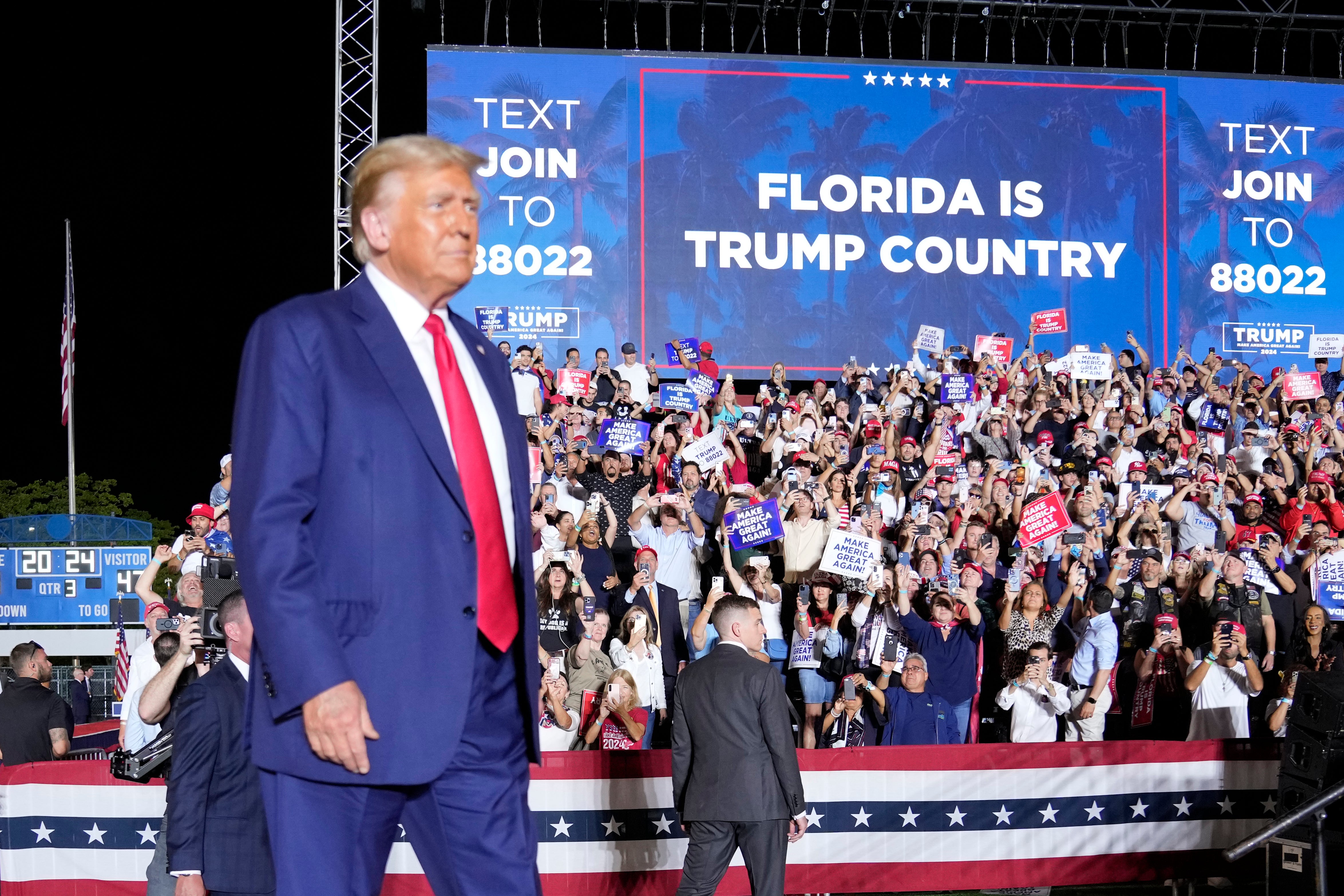 <p>Former President Donald Trump arrives to speak at a campaign rally in Hialeah, Fla., Wednesday, Nov. 8, 2023. </p>