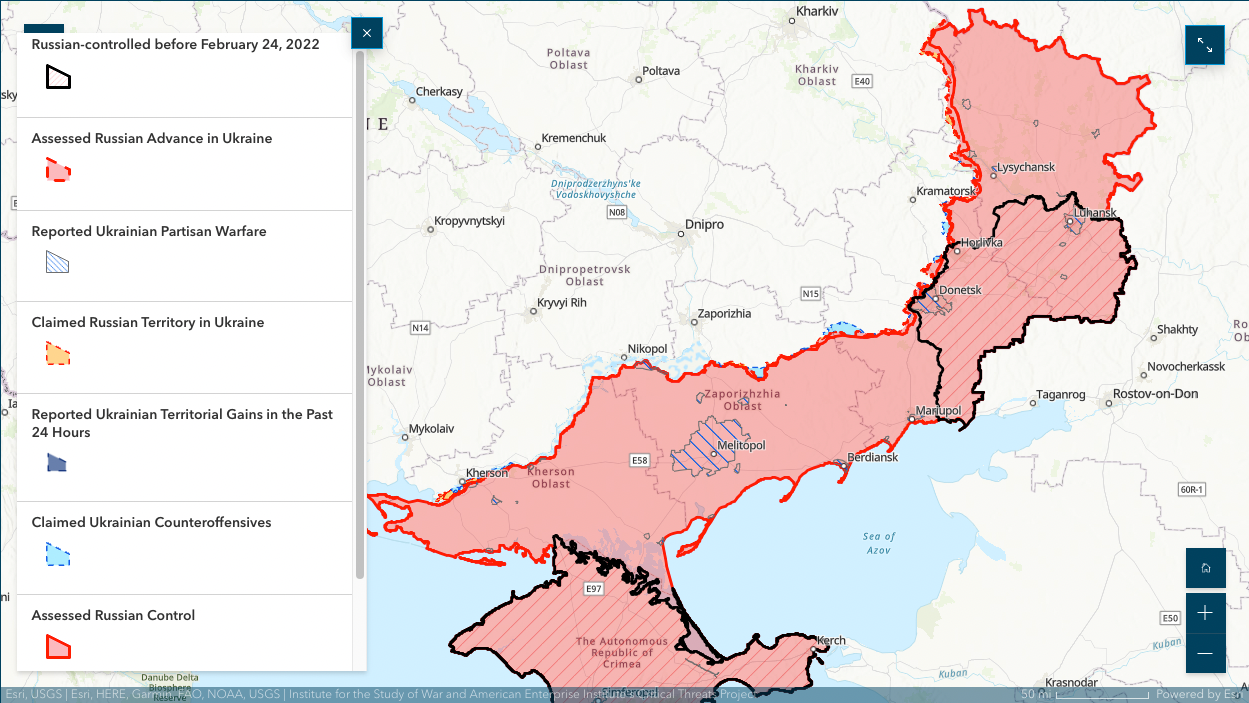 <p>A map to show Ukrainian counteroffences and Russia controlled territories </p>