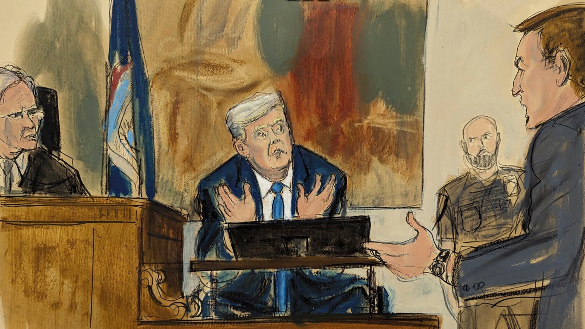 <p>Court sketch of Donald Trump on the stand </p>