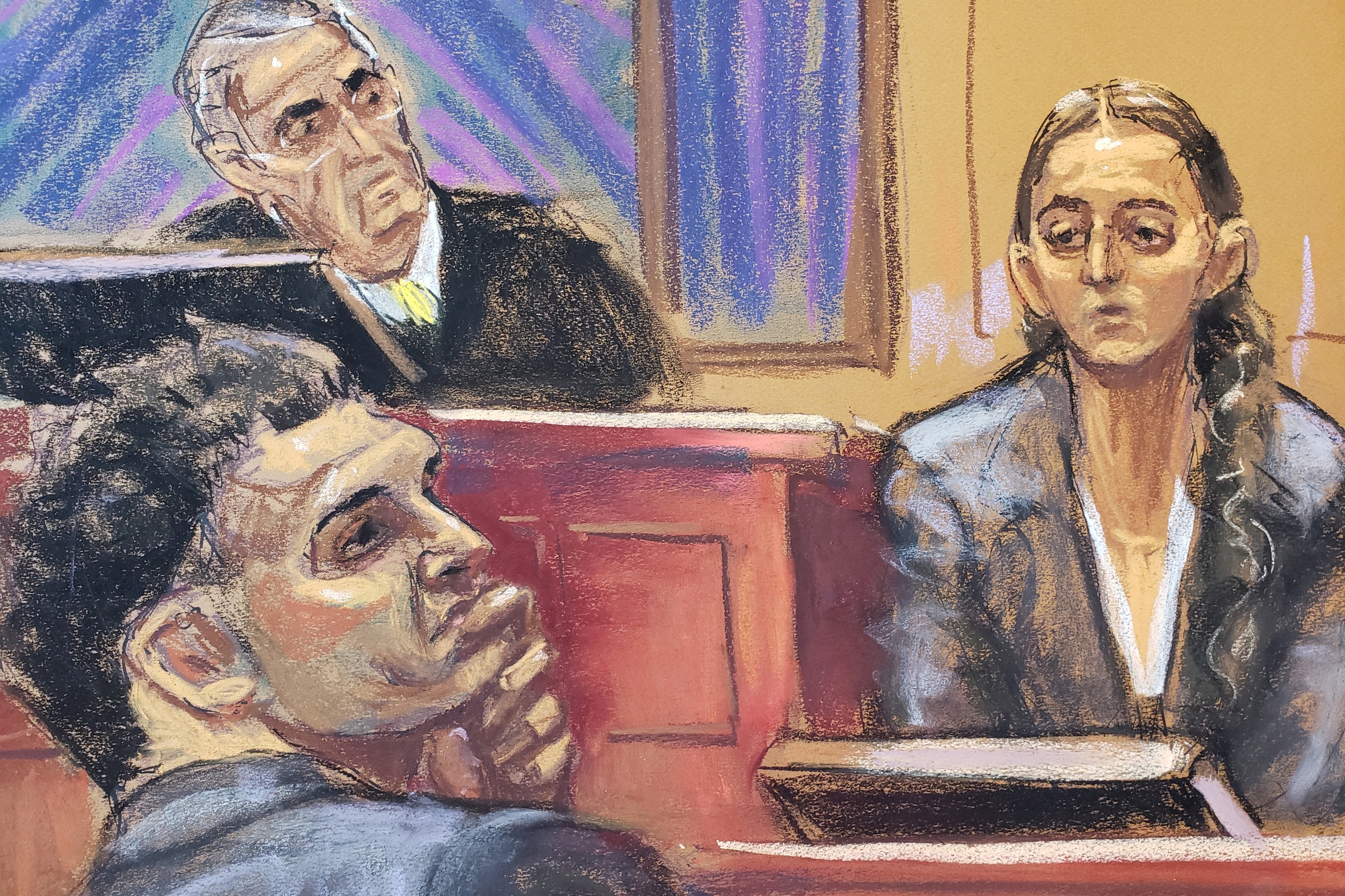 <p>Caroline Ellison in courtroom sketch on the stand </p>