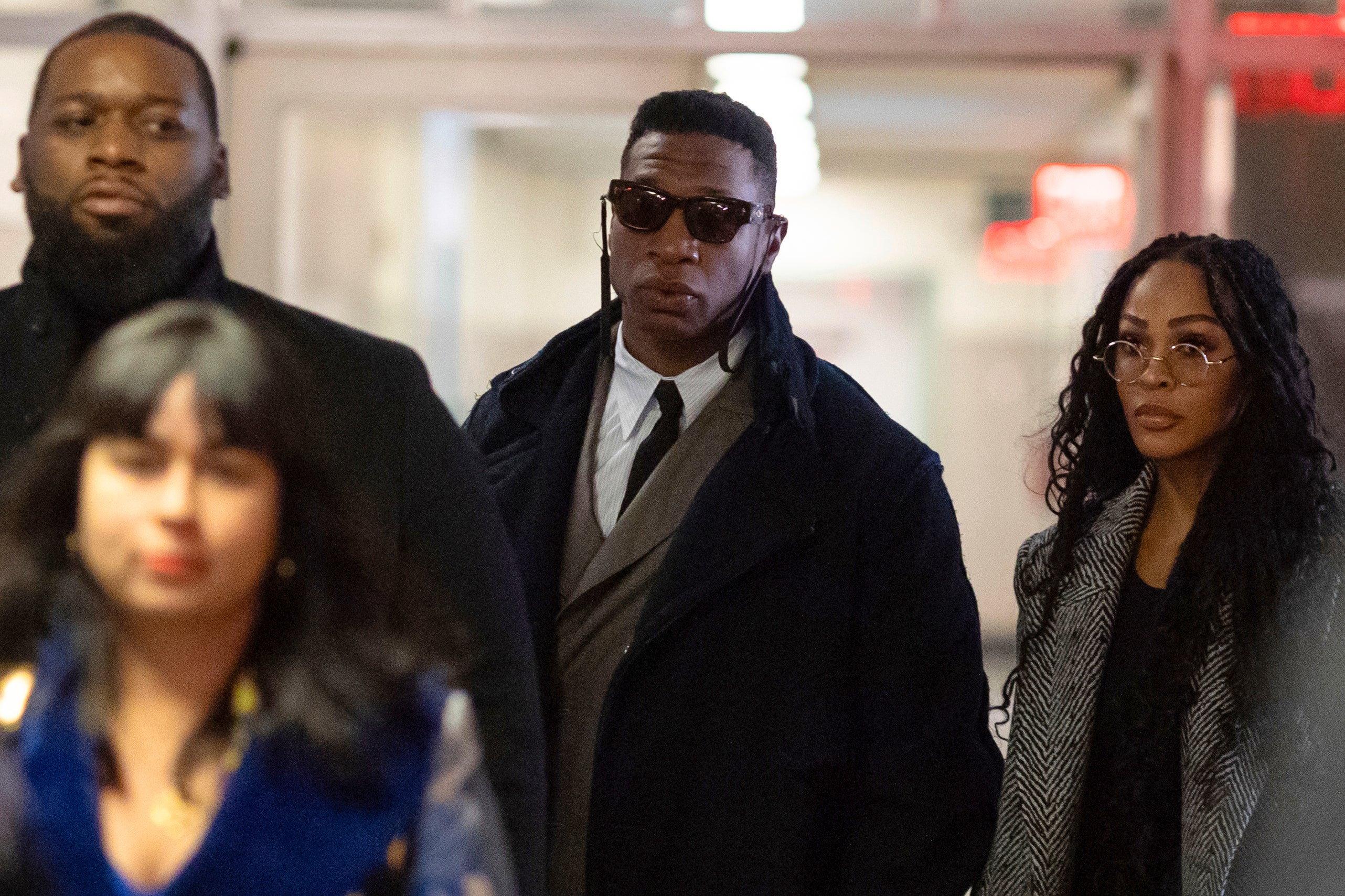 <p>Actors Jonathan Majors, center, and Meagan Good, right, arrive at court for a jury selection on Major's domestic violence case, Wednesday, Nov. 29, 2023, in New York. </p>