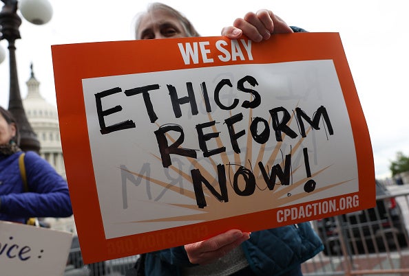 <p>Activists attend a press conference on Supreme Court ethics reform outside of the U.S. Capitol on May 02, 2023</p>