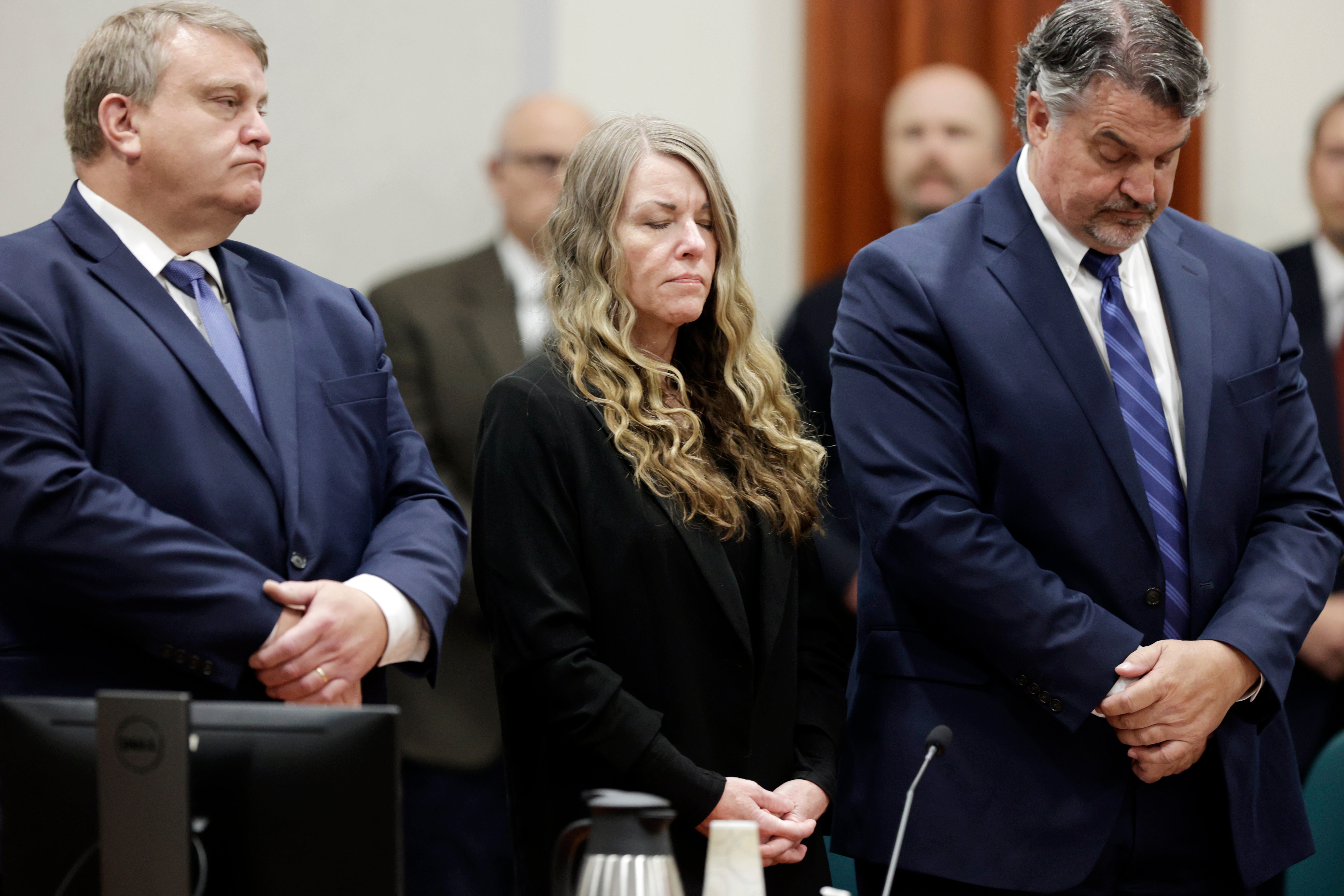 <p>Lori Vallow Daybell stands and listens as the jury’s verdict is read at the Ada County Courthouse in Boise, Idah</p>