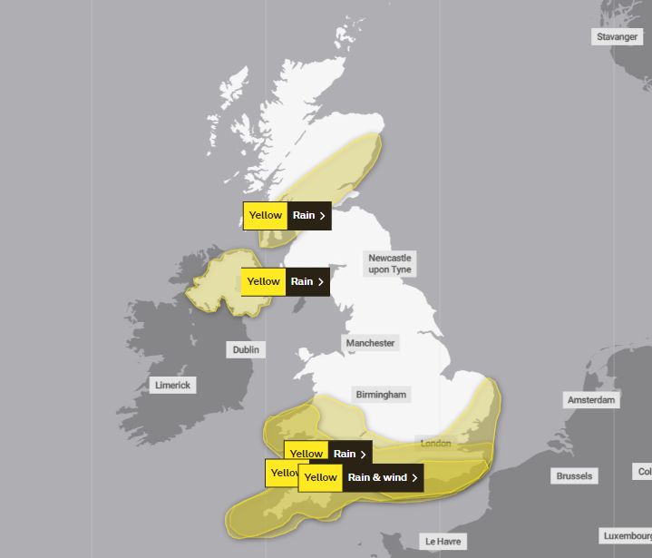 <p>There are five yellow weather warnings in place across the UK</p>