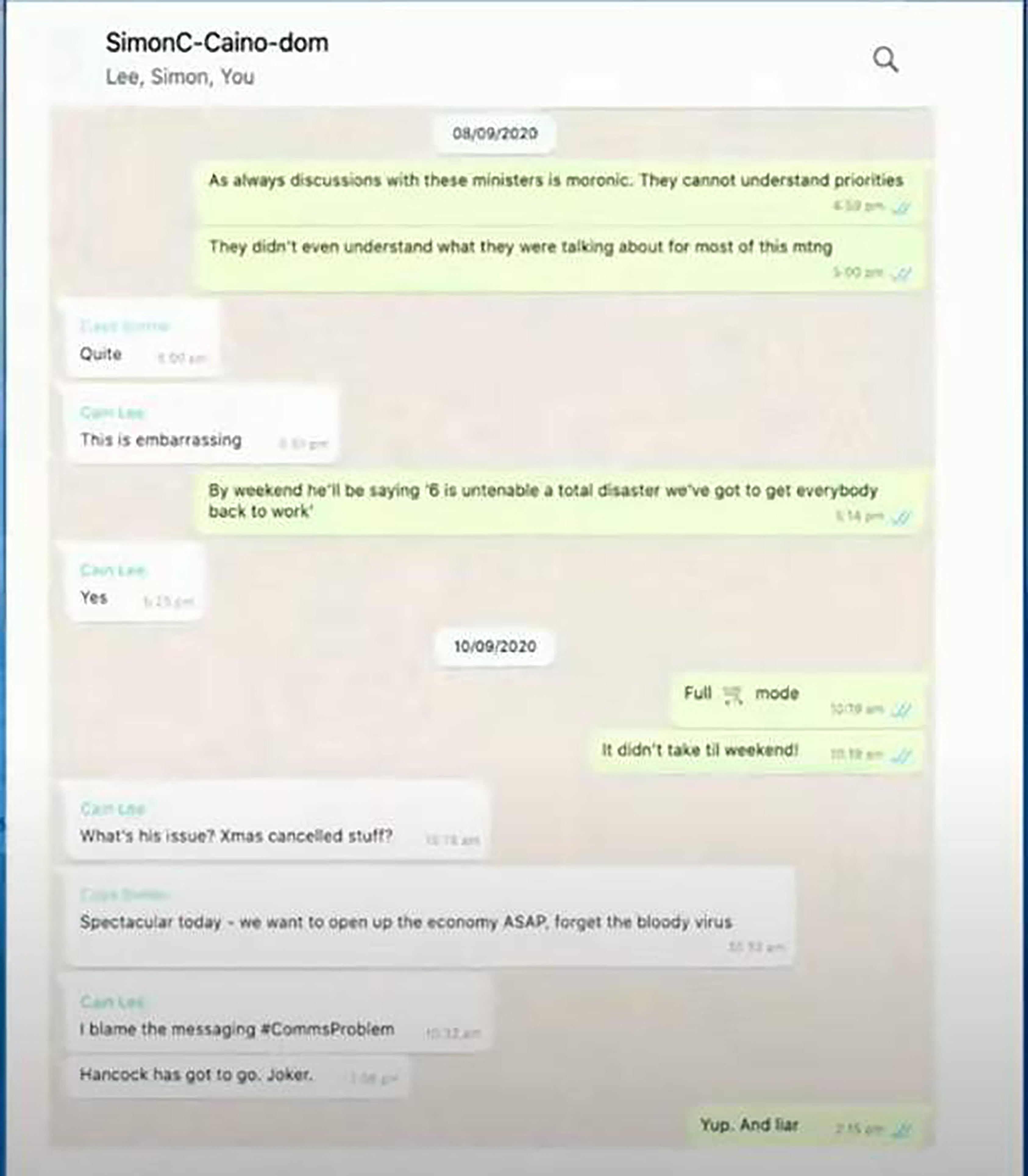 <p>WhatsApp messages from former chief adviser to Prime Minister Boris Johnson, Dominic Cummings, are shown during the UK Covid-19 Inquiry</p>