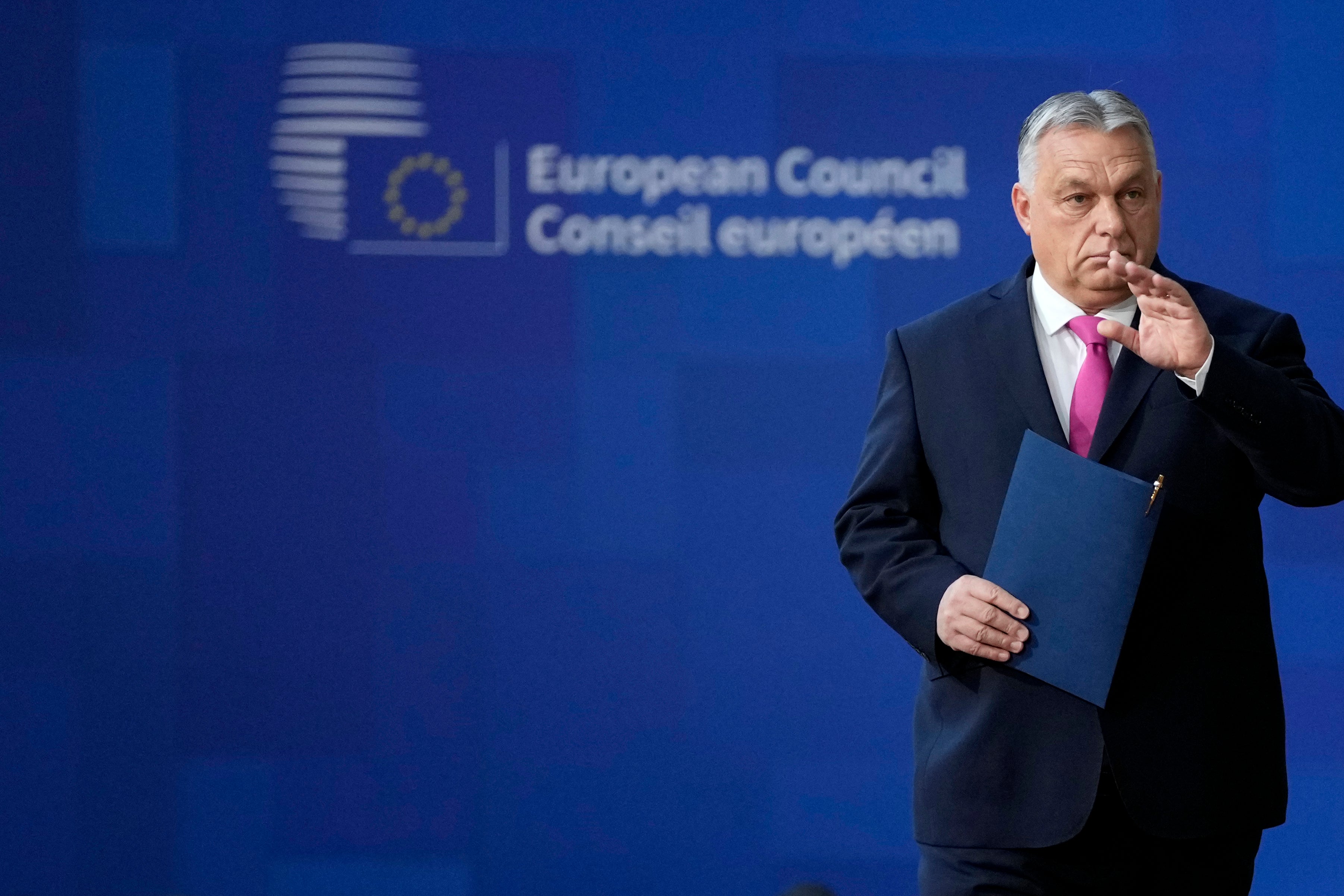 <p>Hungary's Prime Minister Viktor Orban arrives for an EU summit at the European Council building in Brussels on Thursday  </p>