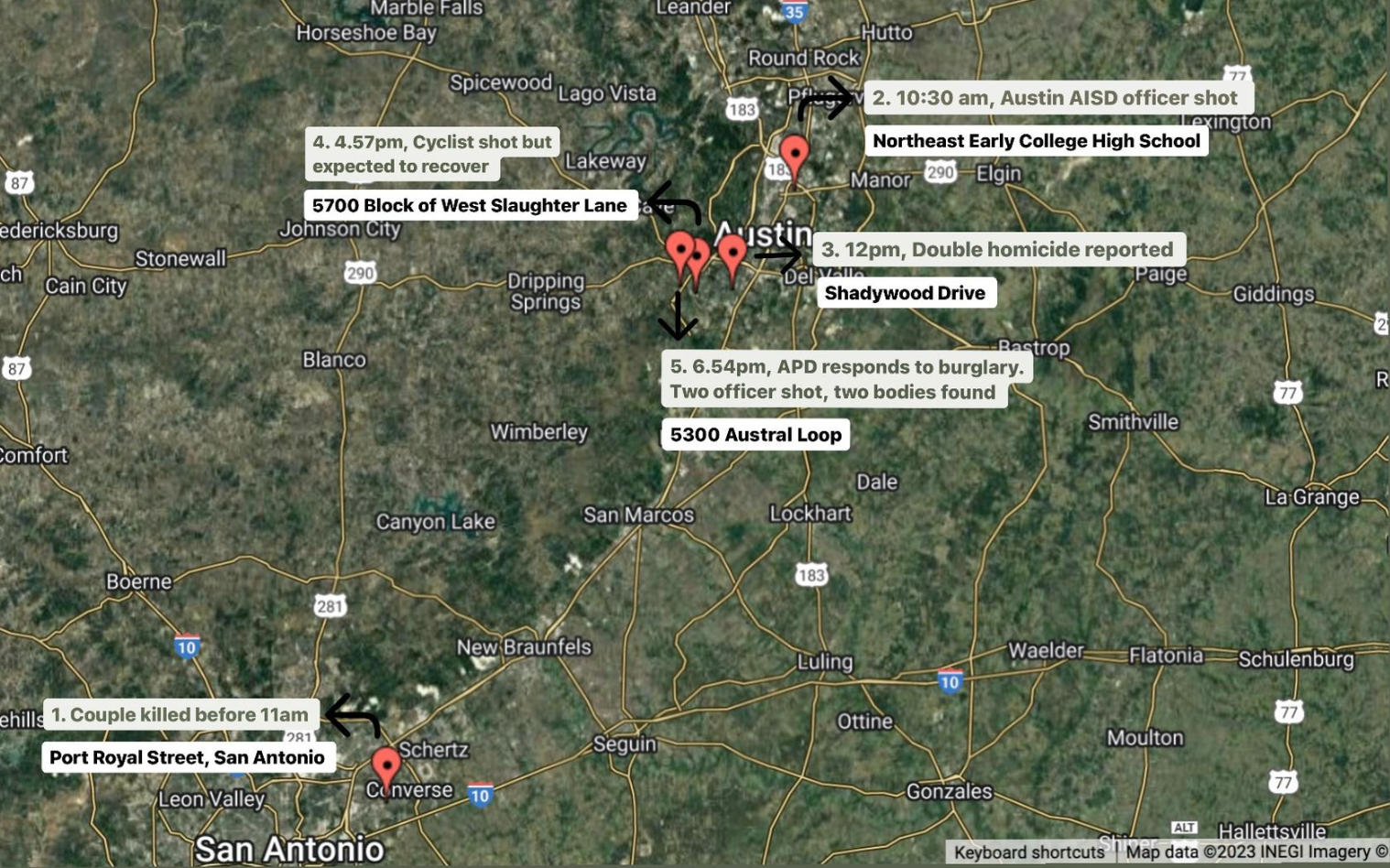 <p>A map of the attacks in San Antonio and Austin on Tuesday</p>