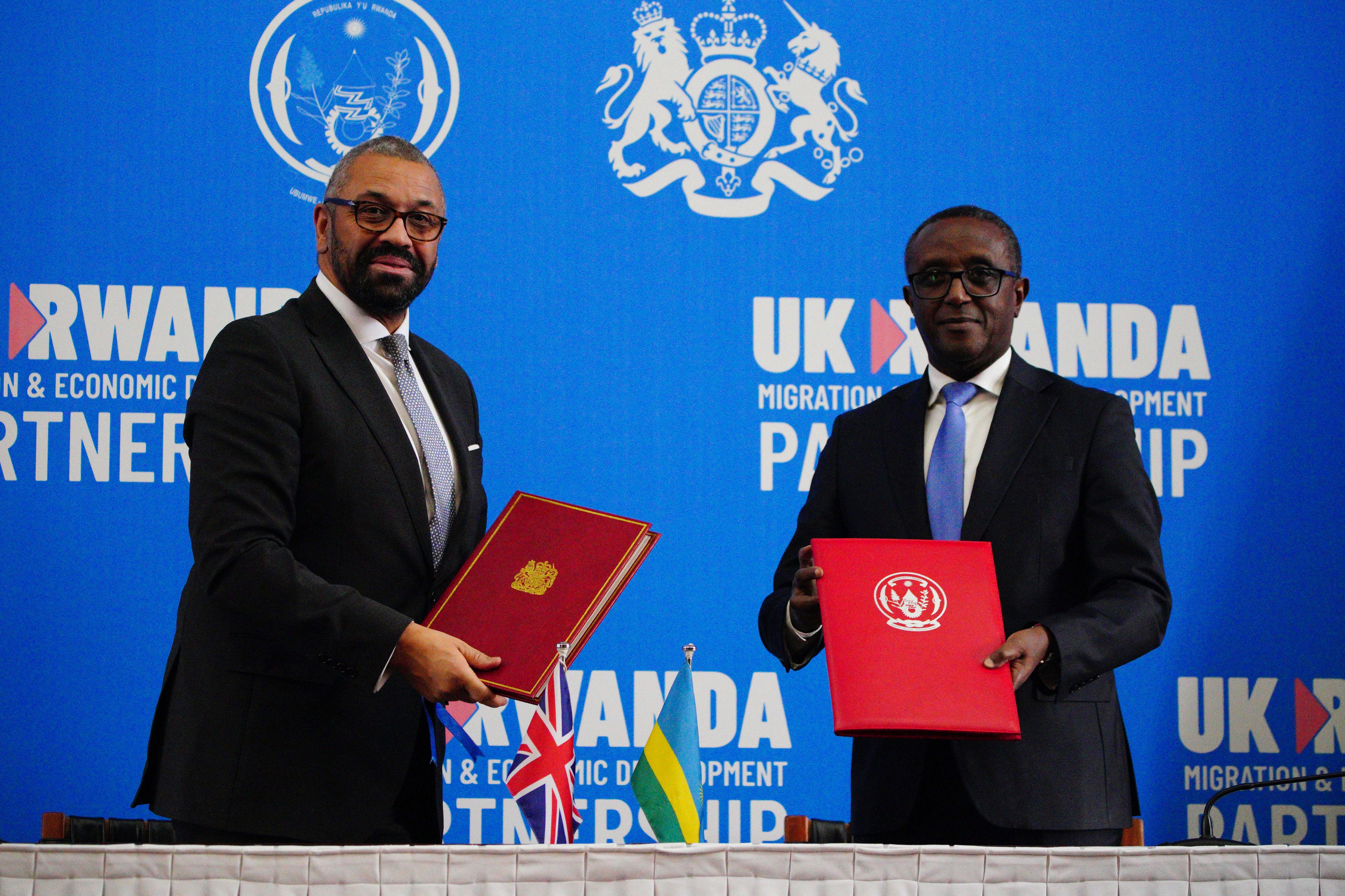 <p>Home Secretary James Cleverly meeting Rwandan Minister of Foreign Affairs Vincent Biruta sign a new treaty with Rwanda on December 5</p>