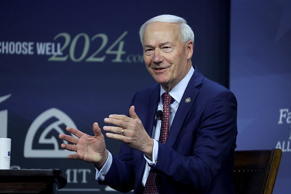 <p>Republican presidential candidate, former Arkansas Gov. Asa Hutchinson speaks to guests at the Family Leadership Summit</p>