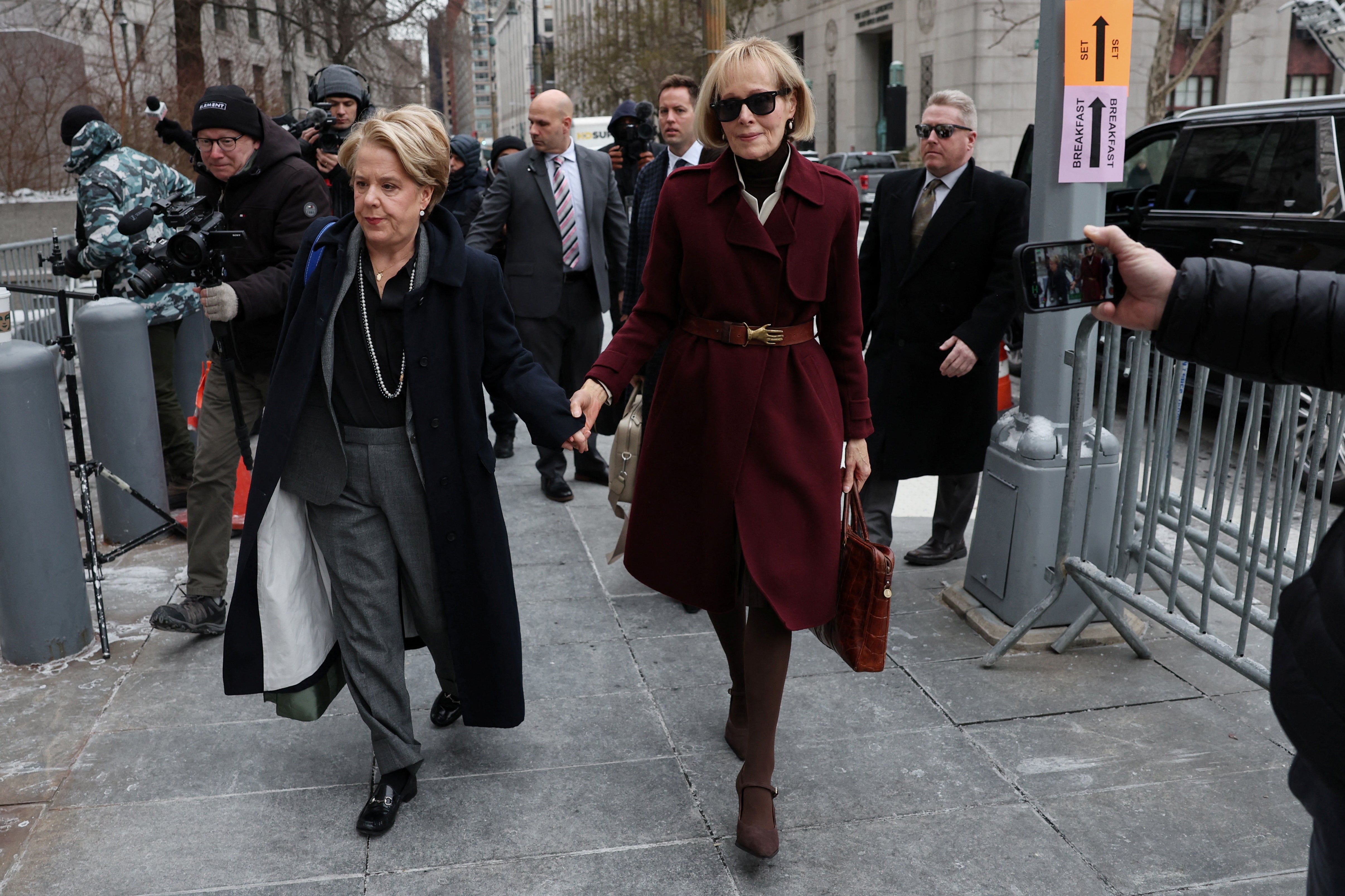 

<p>E Jean Carroll (R) and attorney Roberta Kaplan (L) enter Manhattan Federal Court for day three of the second civil defamation trial of former President Donald Trump on 18 January 2024</p>
<p>” height=”3216″ width=”4824″ layout=”responsive” i-amphtml-layout=”responsive”><i-amphtml-sizer slot=