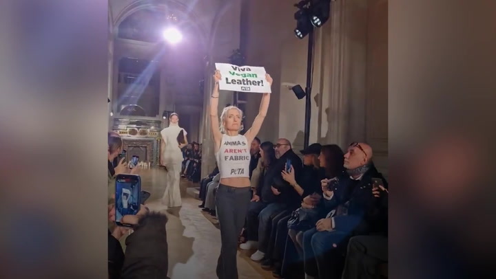 Animal rights activists disrupted Victoria Beckham's fashion show during Paris Fashion Week.