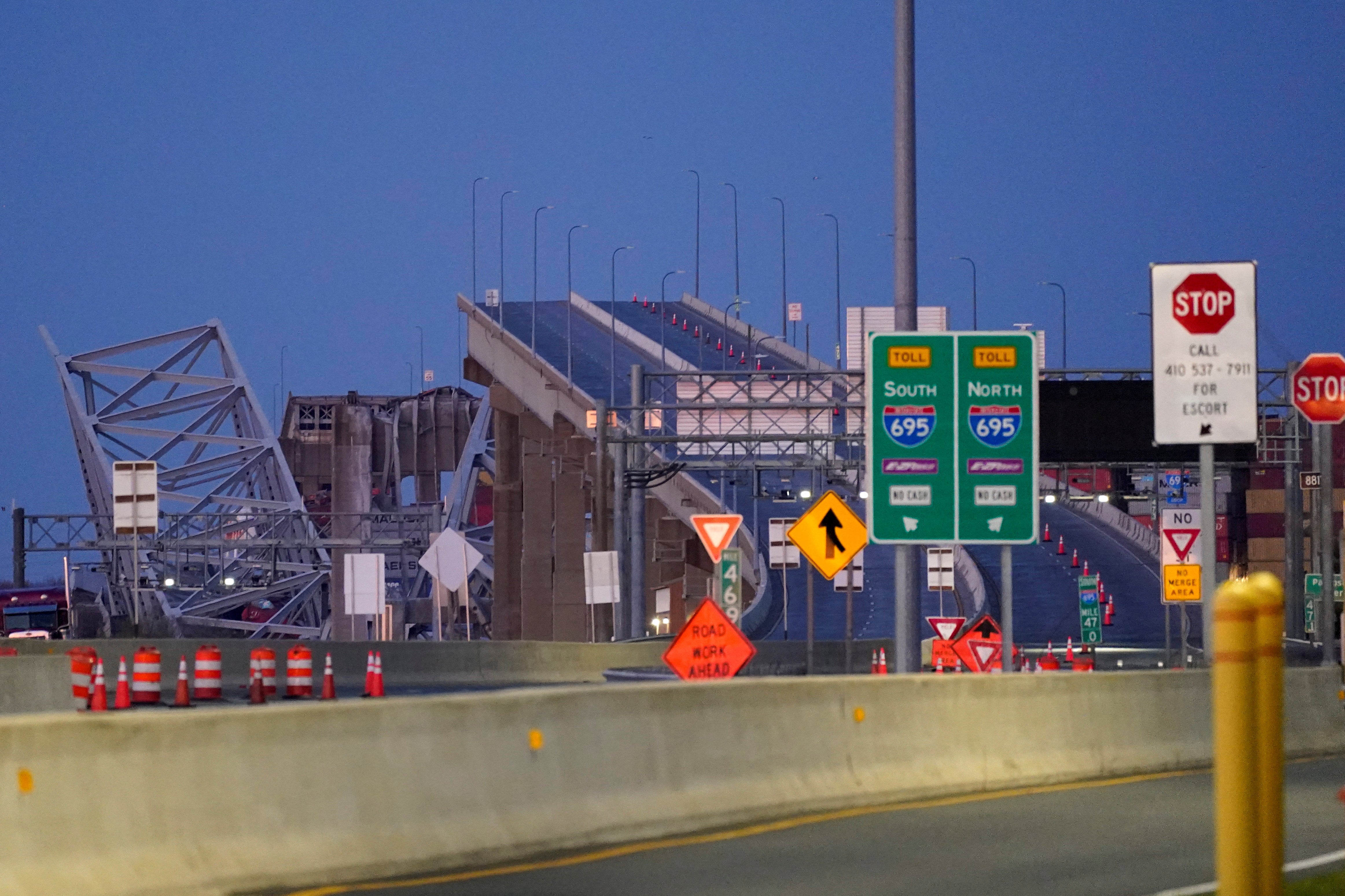 

<p>A general view shows the Francis Scott Key Bridge, as seen from the Baltimore side, following the bridge collapse</p>
<p>” height=”3099″ width=”4649″ layout=”responsive” i-amphtml-layout=”responsive”><i-amphtml-sizer slot=