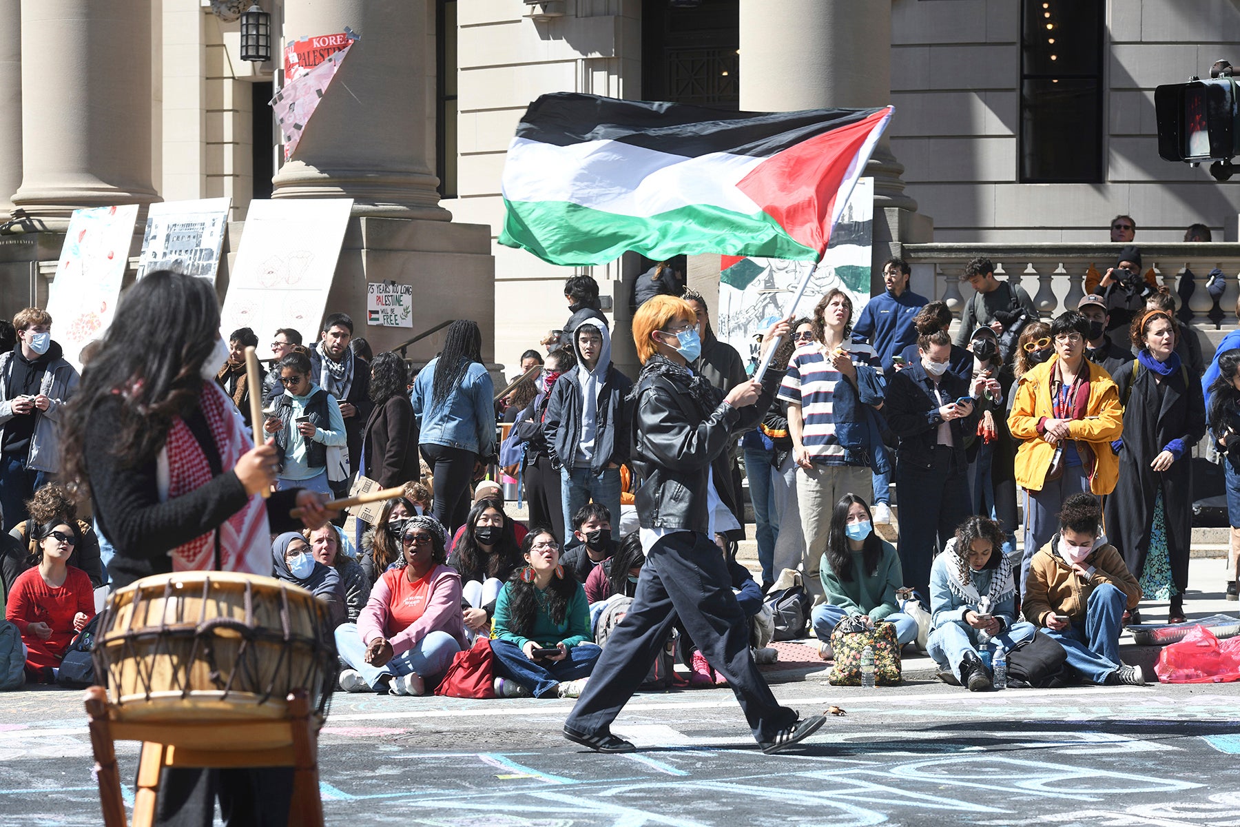 Several hundred students and pro-Palestinian supporters rally at the intersection of Grove and College Streets, in front of Woolsey Hall on the campus of Yale University in New Haven, Conn. April 22, 2024.