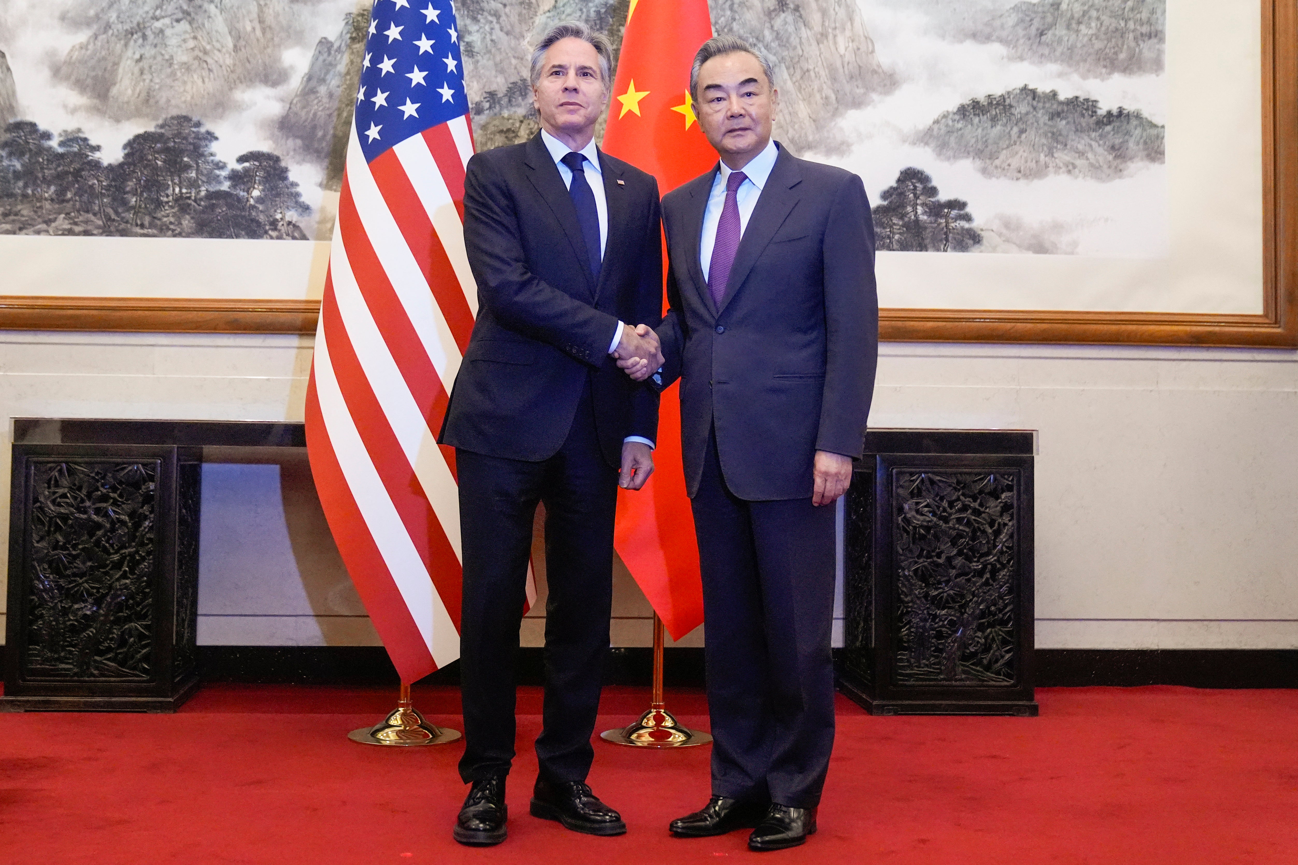 US secretary of state Antony Blinken shakes hands with China’s foreign minister Wang Yi during a meeting at the Diaoyutai State Guesthouse in Beijing on 26 April 2024