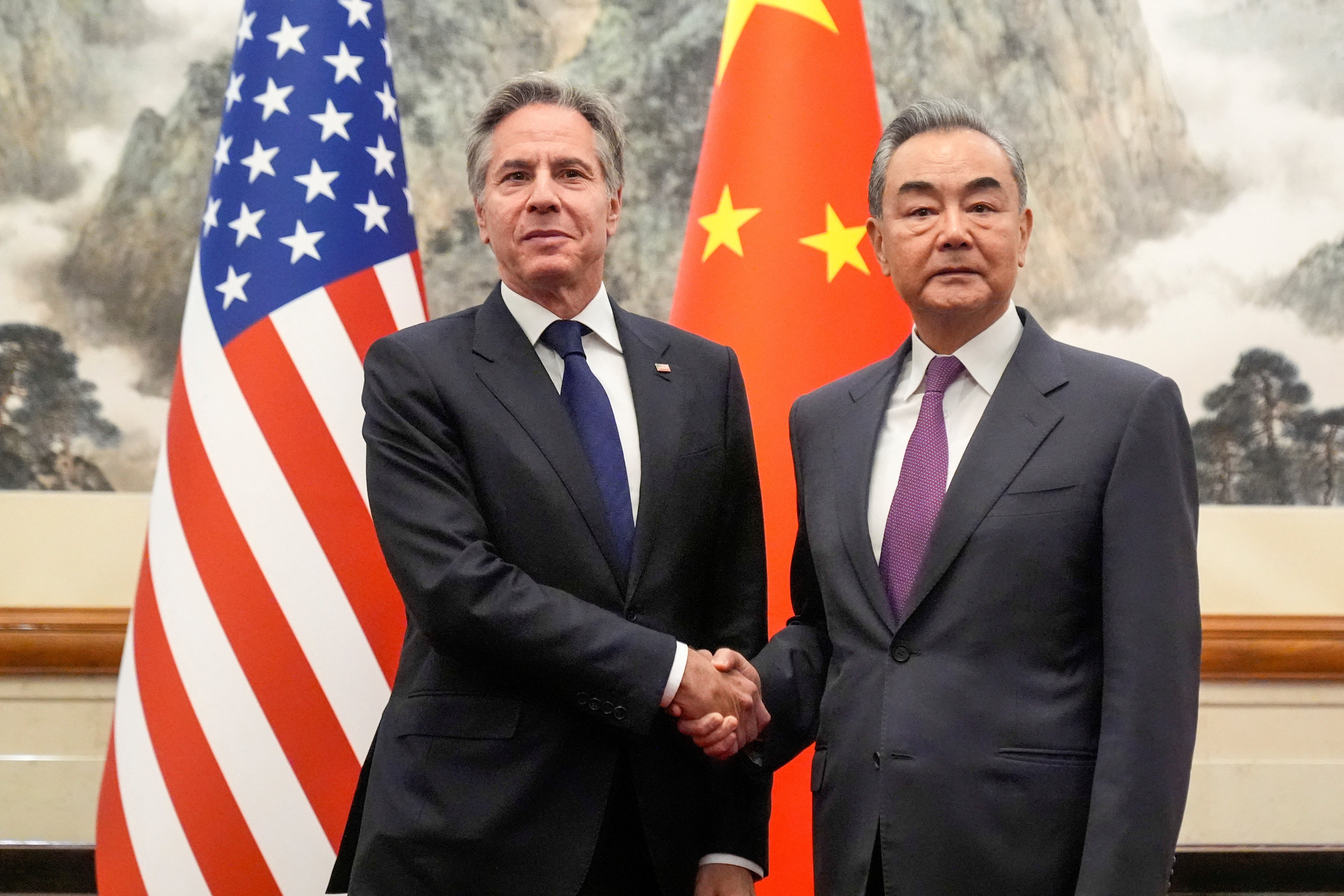 U.S. Secretary of State Antony Blinken, left, meets with China's Foreign Minister Wang Yi at the Diaoyutai State Guesthouse