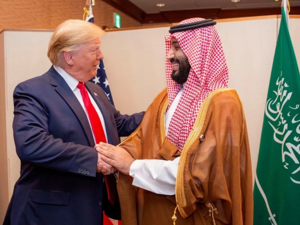 Donald Trump and Saudi Arabia’s crown prince Mohammed bin Salman shaking hands at the G20 leaders summit in Osaka, Japan, in 2019
