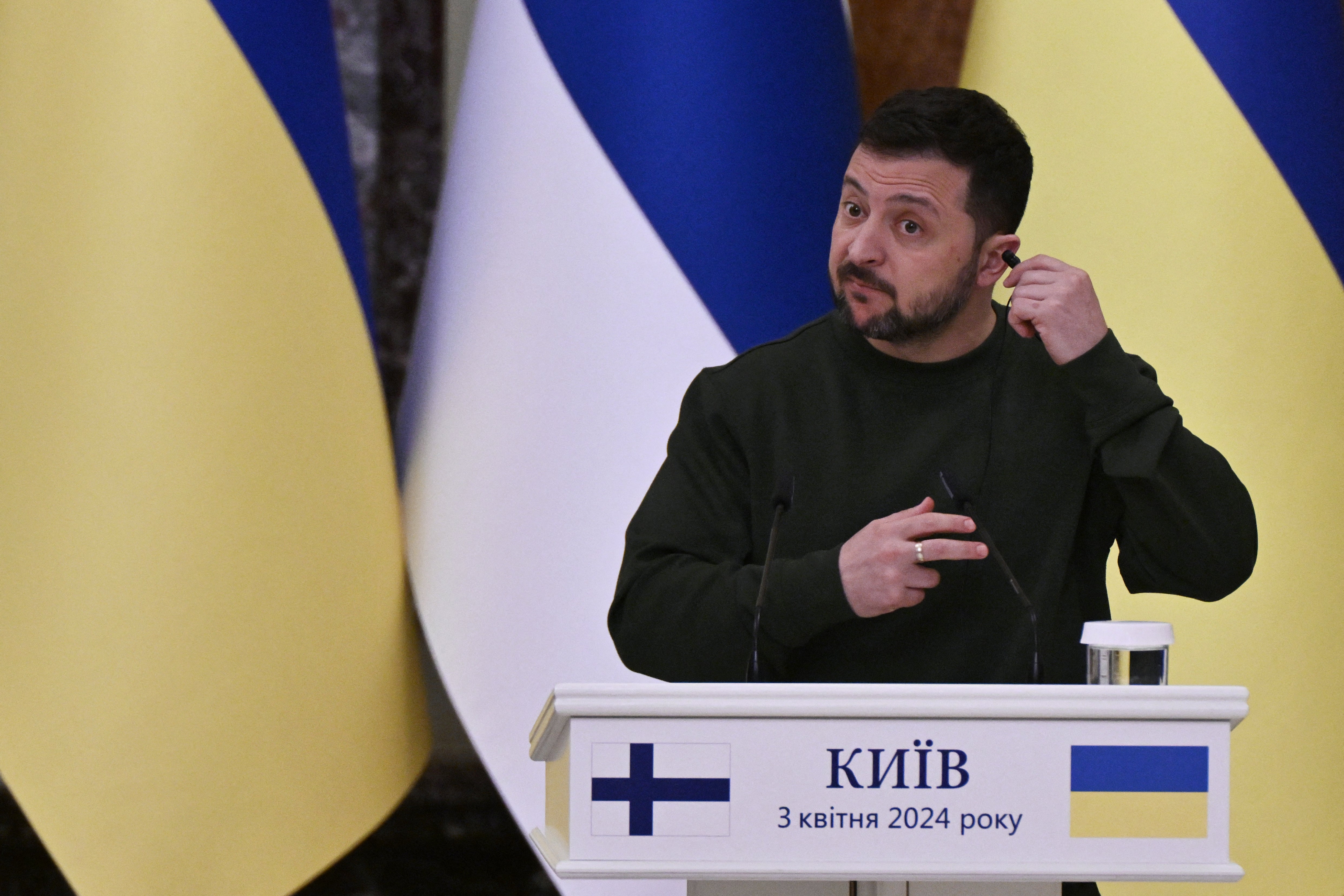 President of Ukraine Volodymyr Zelensky gestures as he attends a joint press conference with president of Finland following their meeting in Kyiv on 3 April 2024