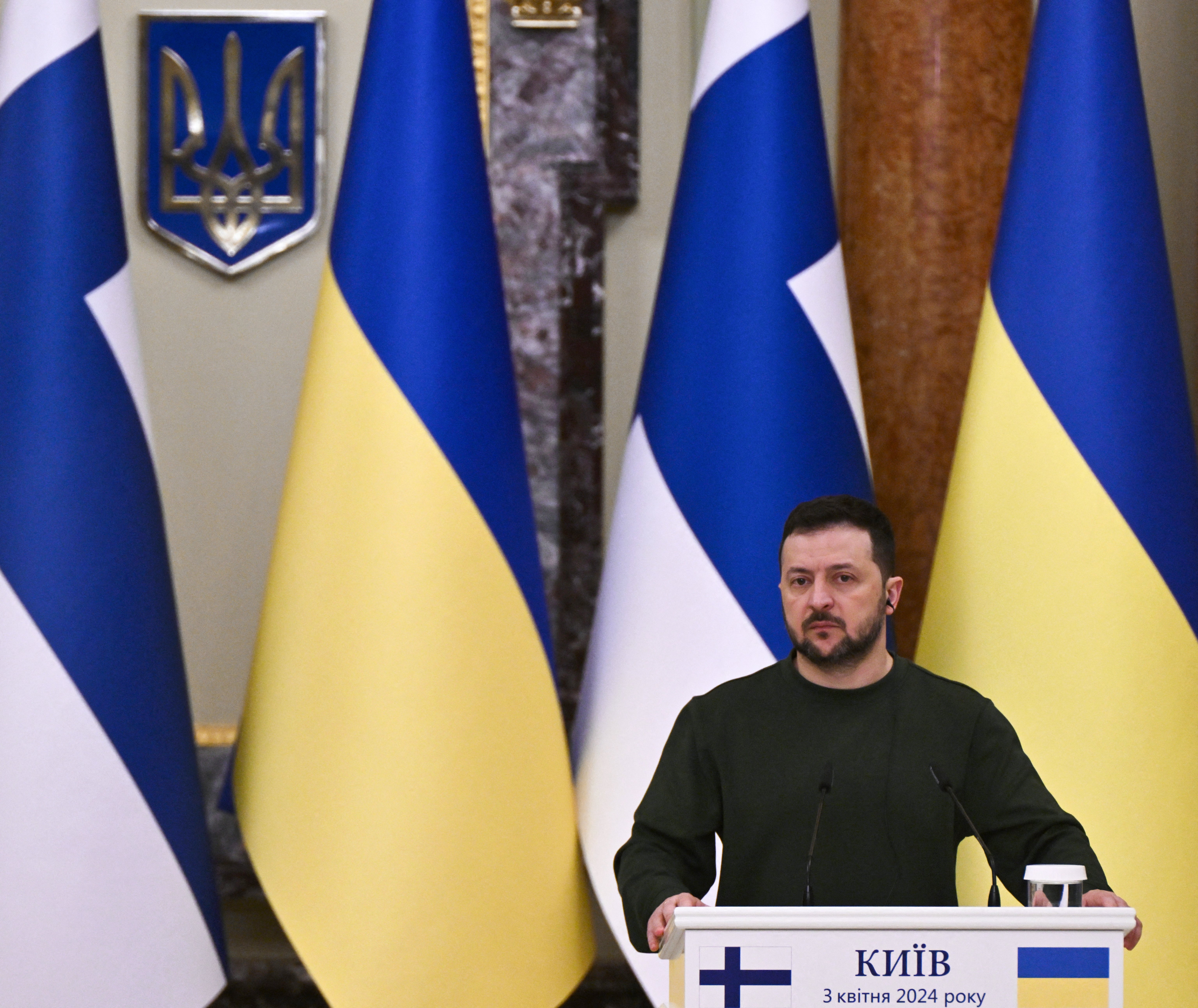 President of Ukraine Volodymyr Zelensky looks on during a joint press conference with president of Finland following their meeting in Kyiv on 3 April 2024, amid the Russian invasion of Ukraine