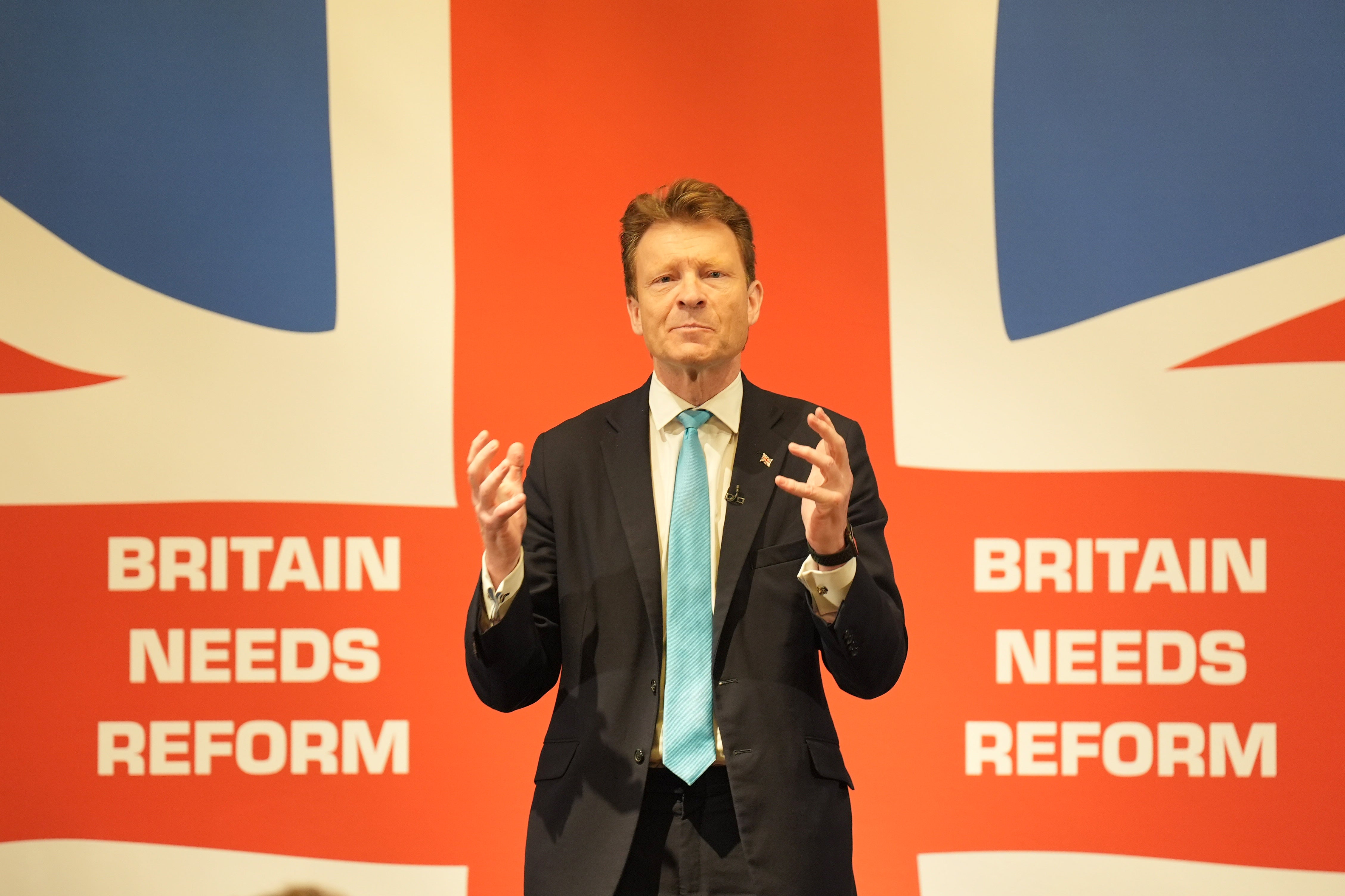 Leader of Reform UK Richard Tice speaks during a press conference to announce their party's legal immigration policy