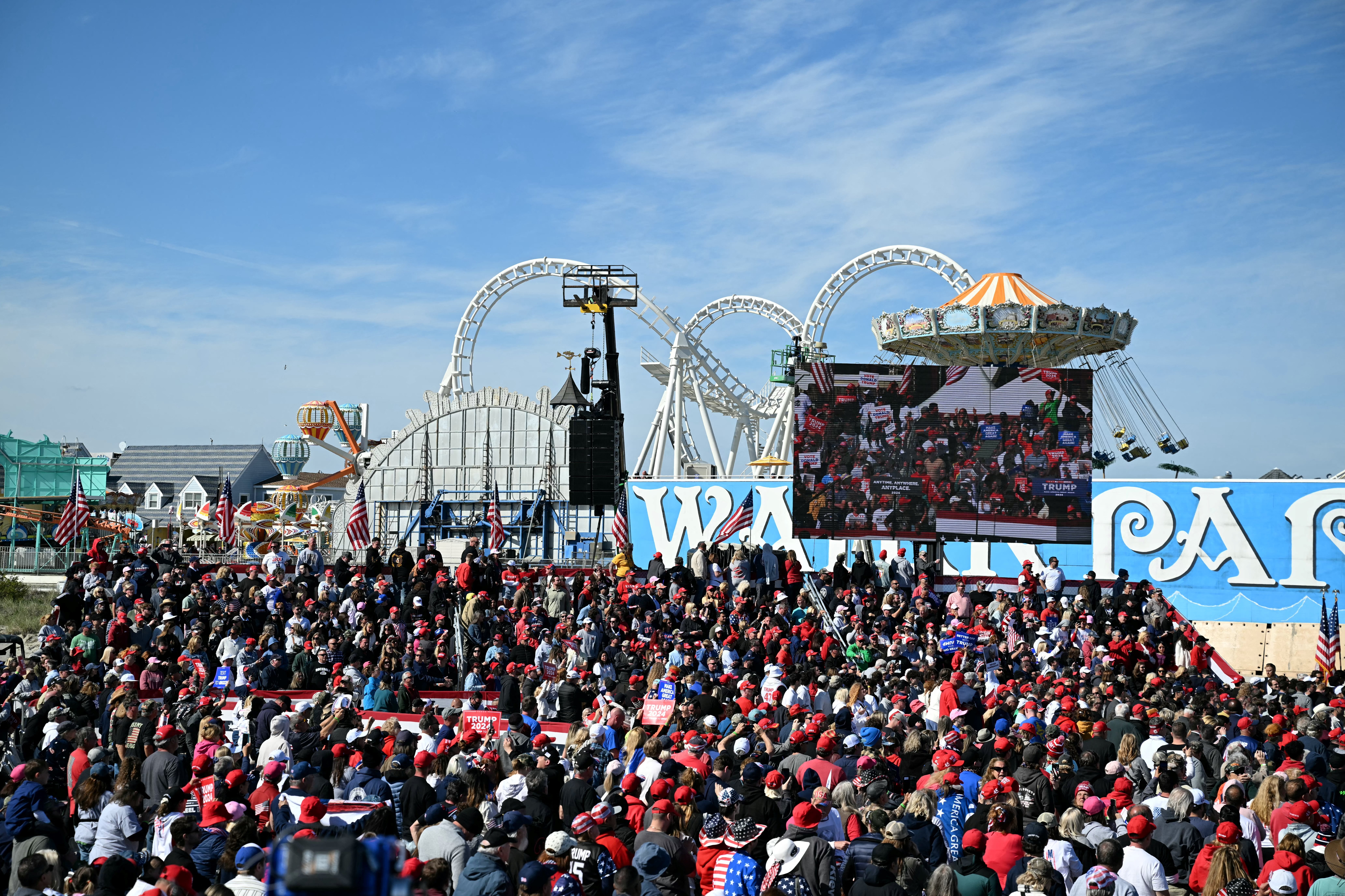 People gather for a campaign rally by former US President and 2024 Republican presidential candidate Donald Trump in Wildwood, New Jersey, on May 11, 2024