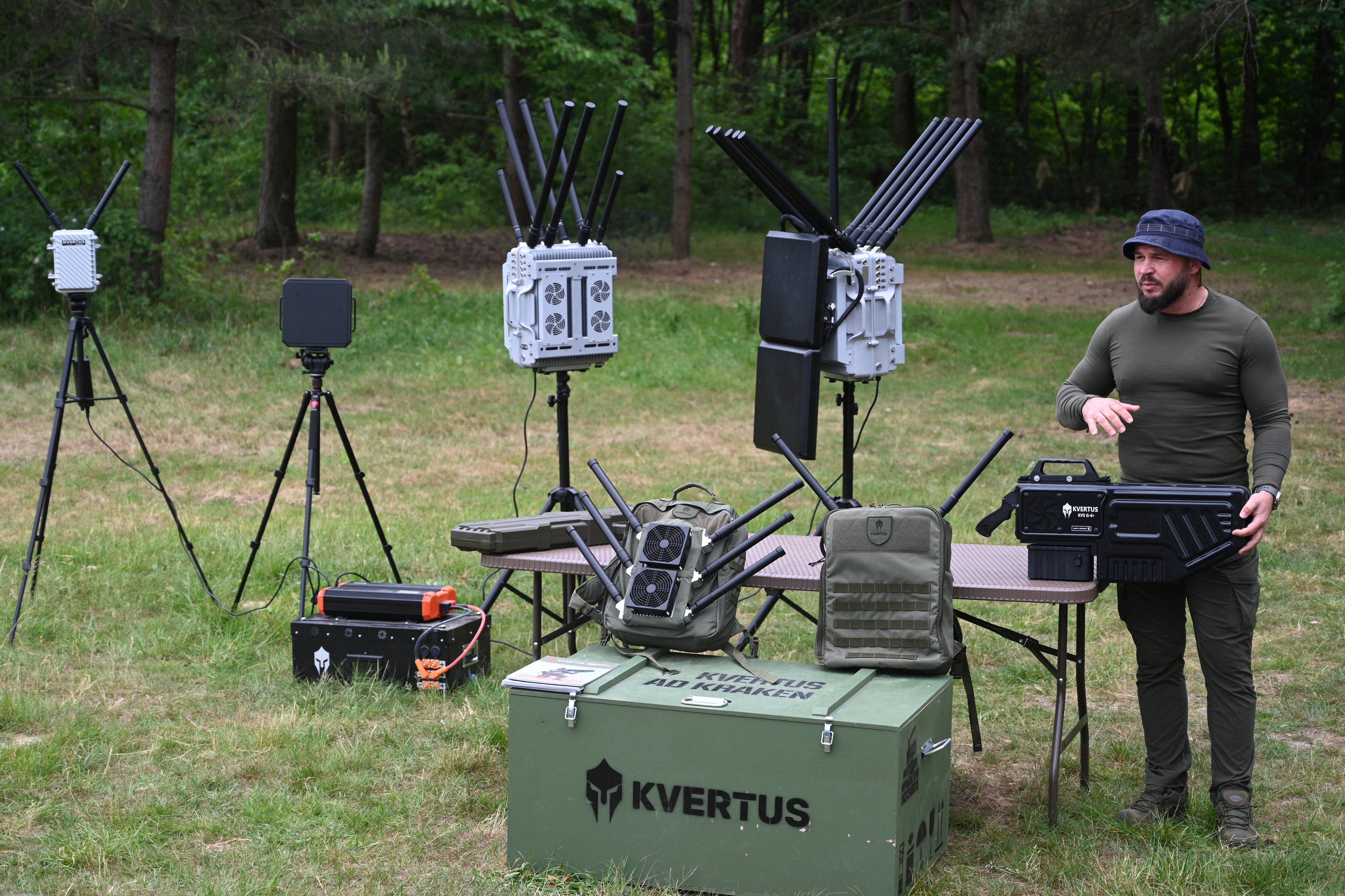 An employee presents radio-electronic warfare (WB) and radio-electronic intelligence (PER) systems of the Ukrainian company Kvertus in Lviv region