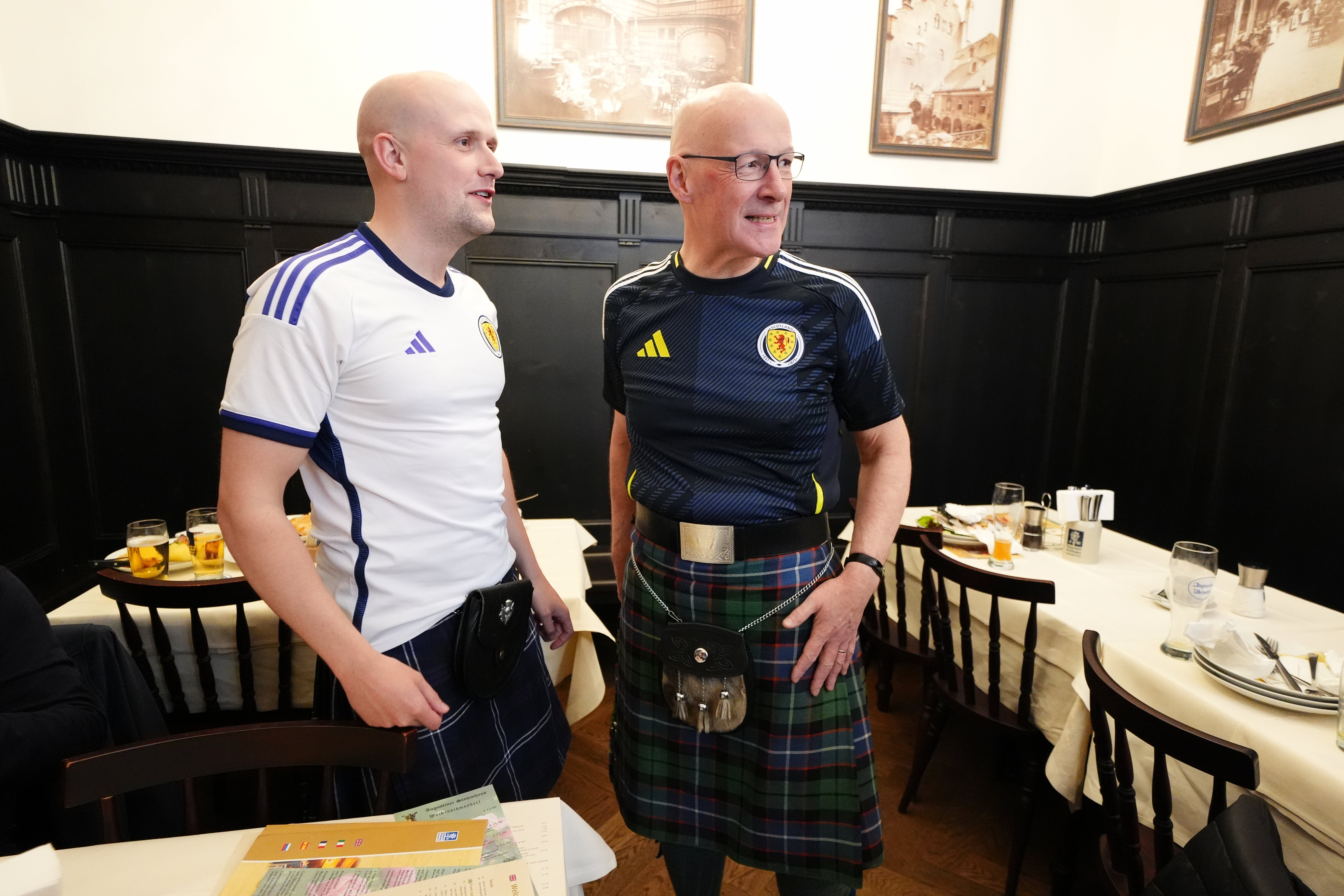 John Swinney (right) with SNP Westminster leader Stephen Flynn at Marienplatz square, Munich. Scotland will face Germany in the Euro 2024 opener later this evening