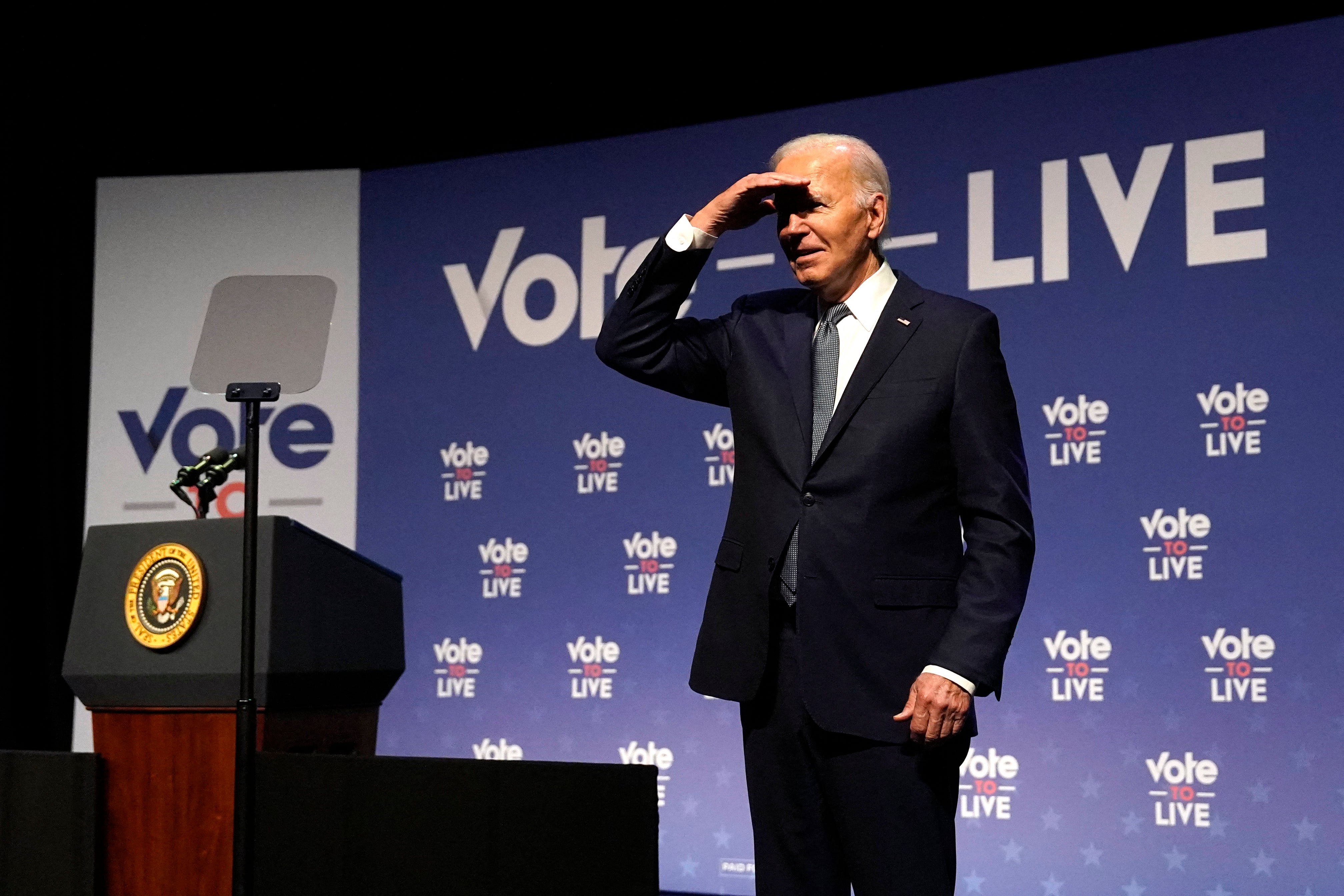 President Joe Biden gestures near the podium during the Vote To Live Properity Summit at the College of Southern Nevada in Las Vegas, Nevada, on July 16, 2024