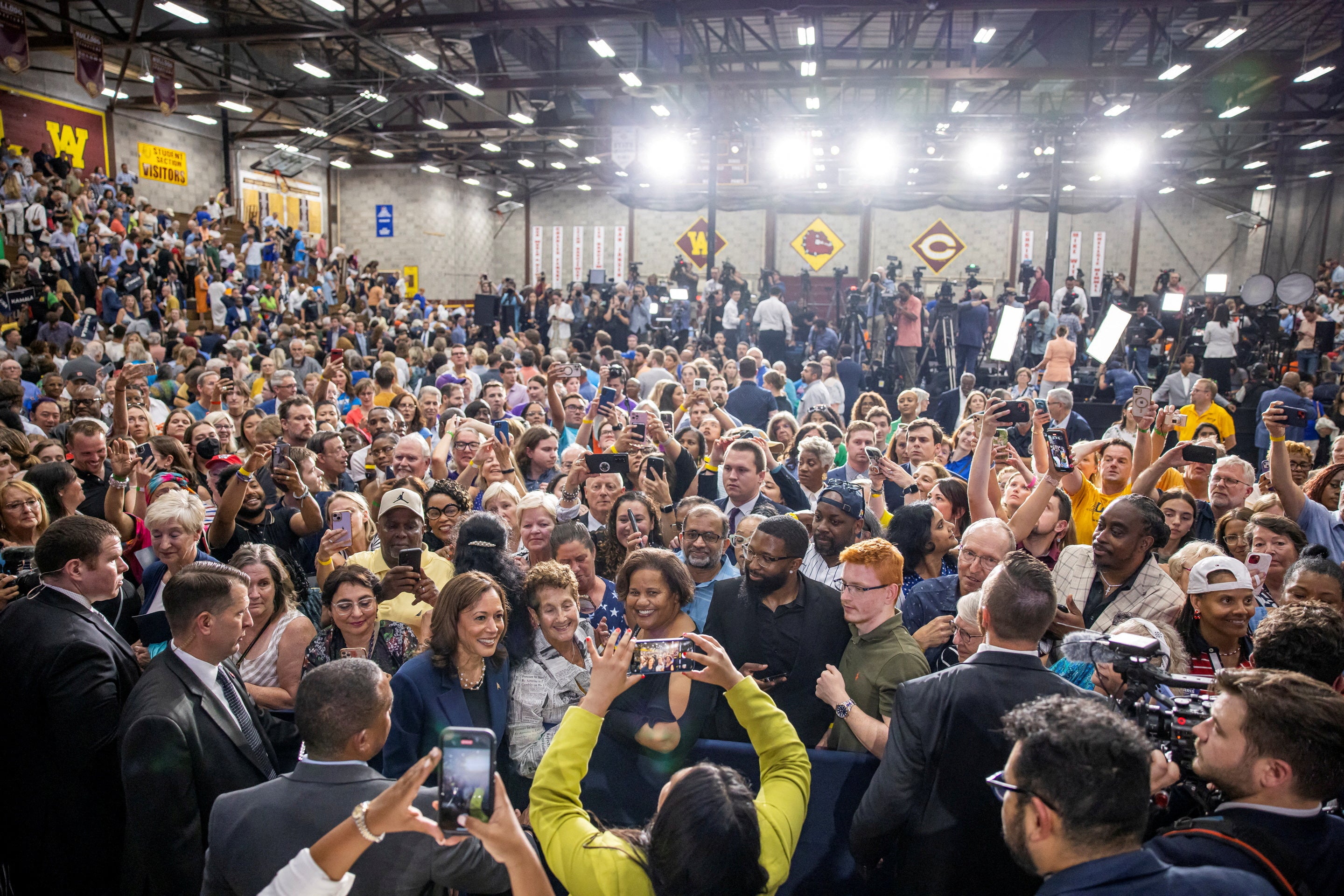 Vice President Kamala Harris greets a crowd of supporters during her first campaign event as a candidate for president at West Allis High School in Wisconsin on July 23, 2024