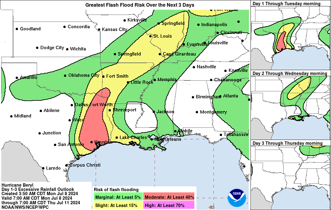 This map shows the greatest flash flooding risk over the next three days in Texas