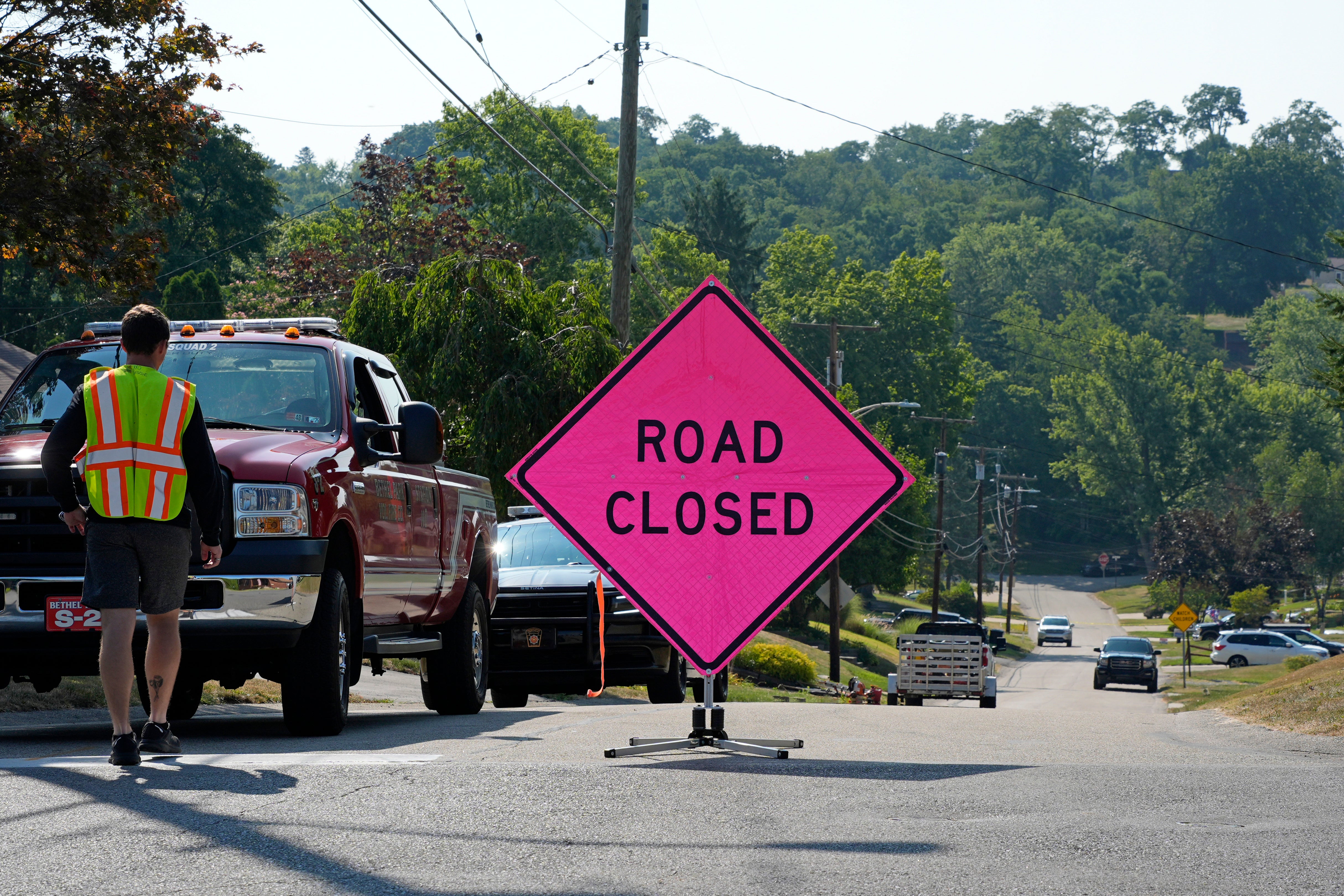 The road is blocked on Sunday, 14 July 2024, to the Bethel Park home believed to be connected to the shooter in the apparent assassination attempt of Republican presidential candidate former president Donald Trump