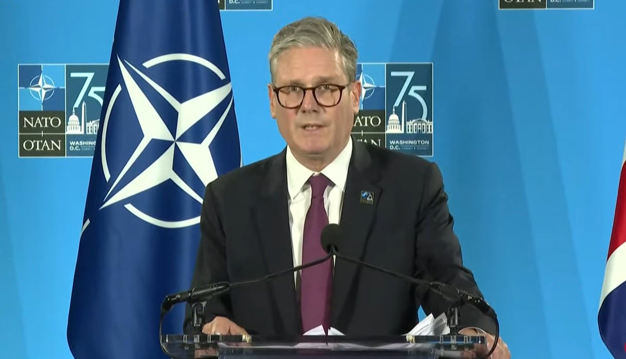 Starmer giving a press conference in Washington after the 75th Nato summit ahead of his flight back to the UK