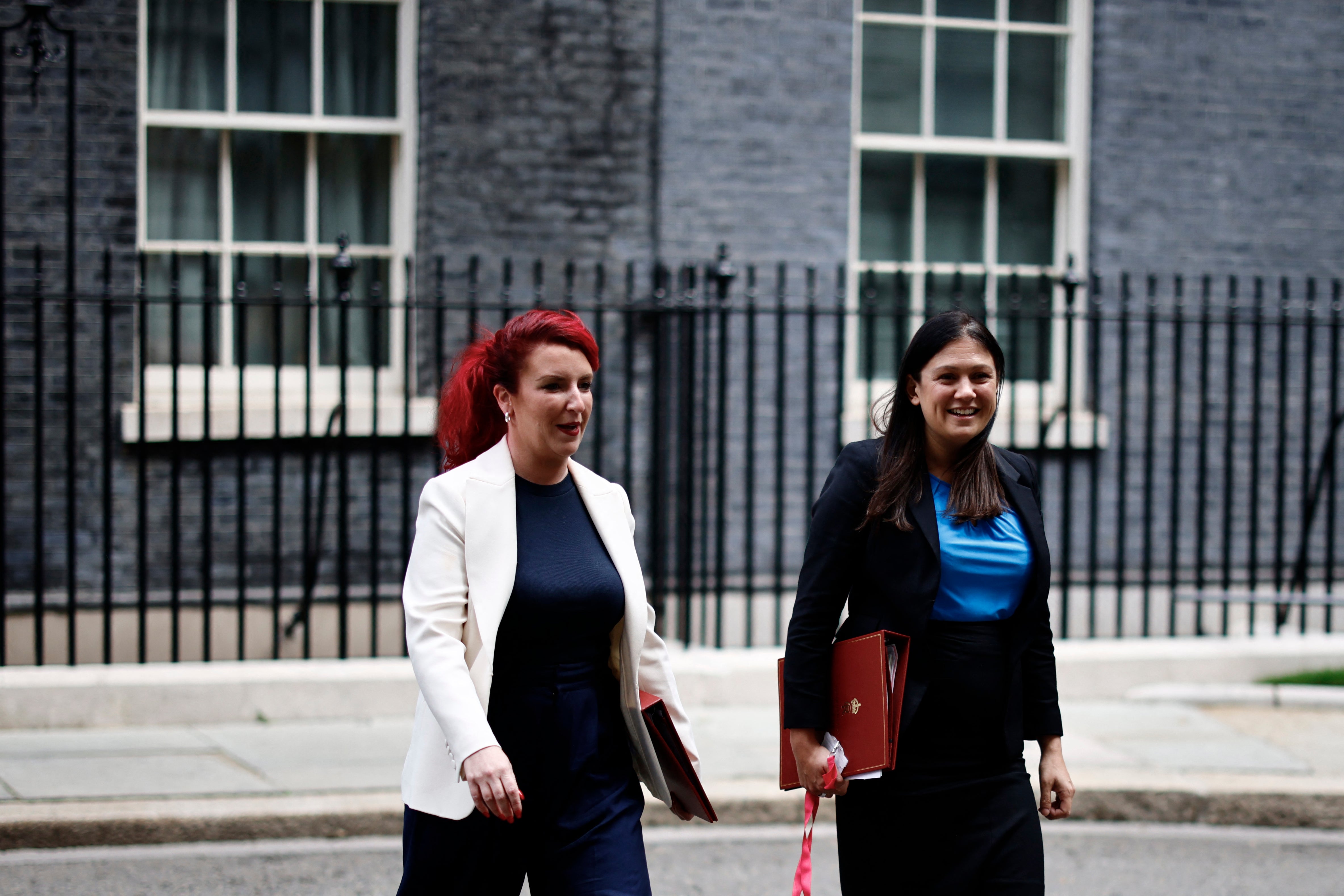 Secretary of State for Transport Louise Haigh (L) and Secretary of State for Culture, Media and Sport Lisa Nandy (R) leave after a cabinet meeting at 10 Downing Street in London on July 16, 2024. (Photo by BENJAMIN CREMEL / AFP)