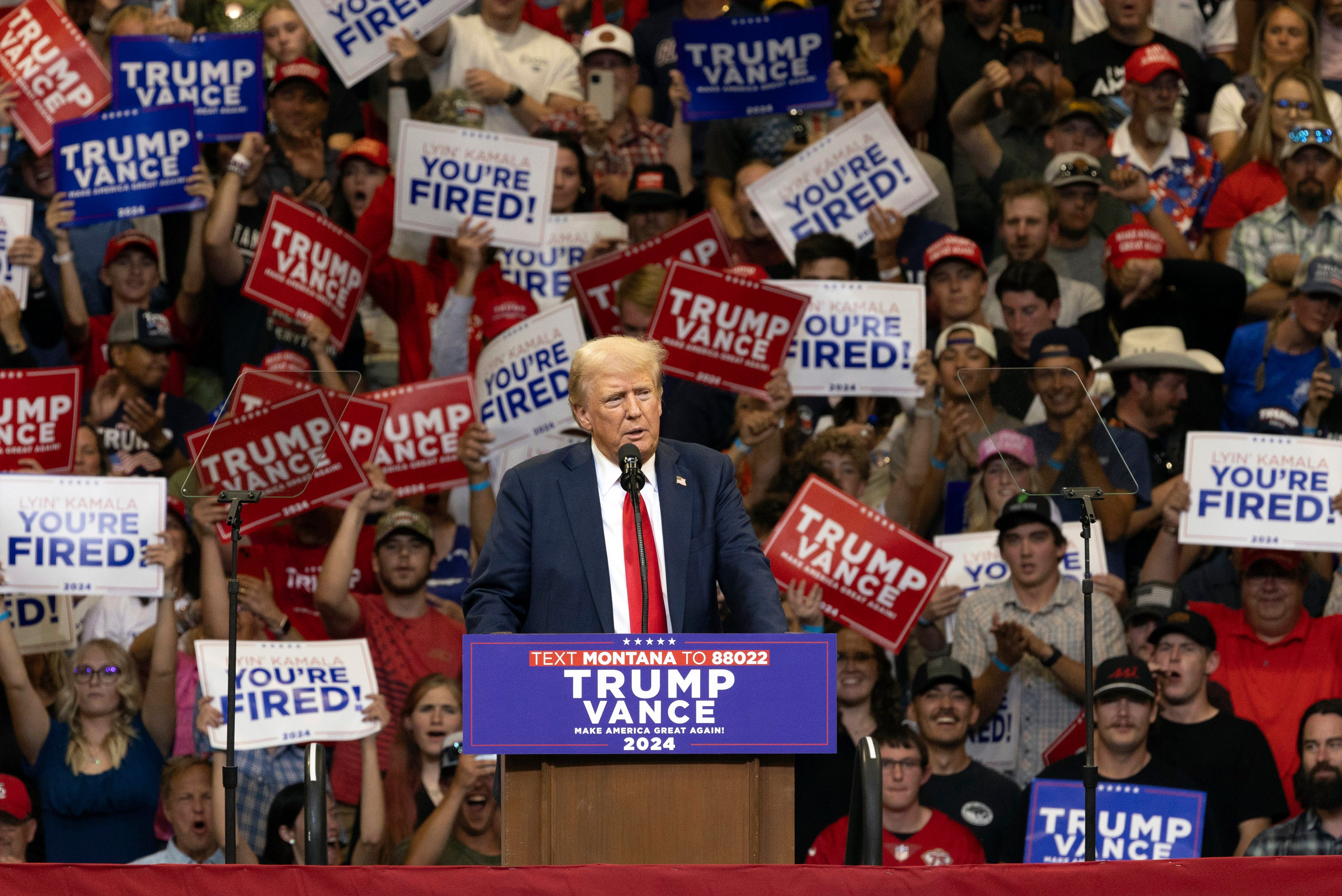 Republican presidential nominee former President Donald Trump speaks at a campaign rally in Bozeman, Mont., Friday, Aug. 9, 2024