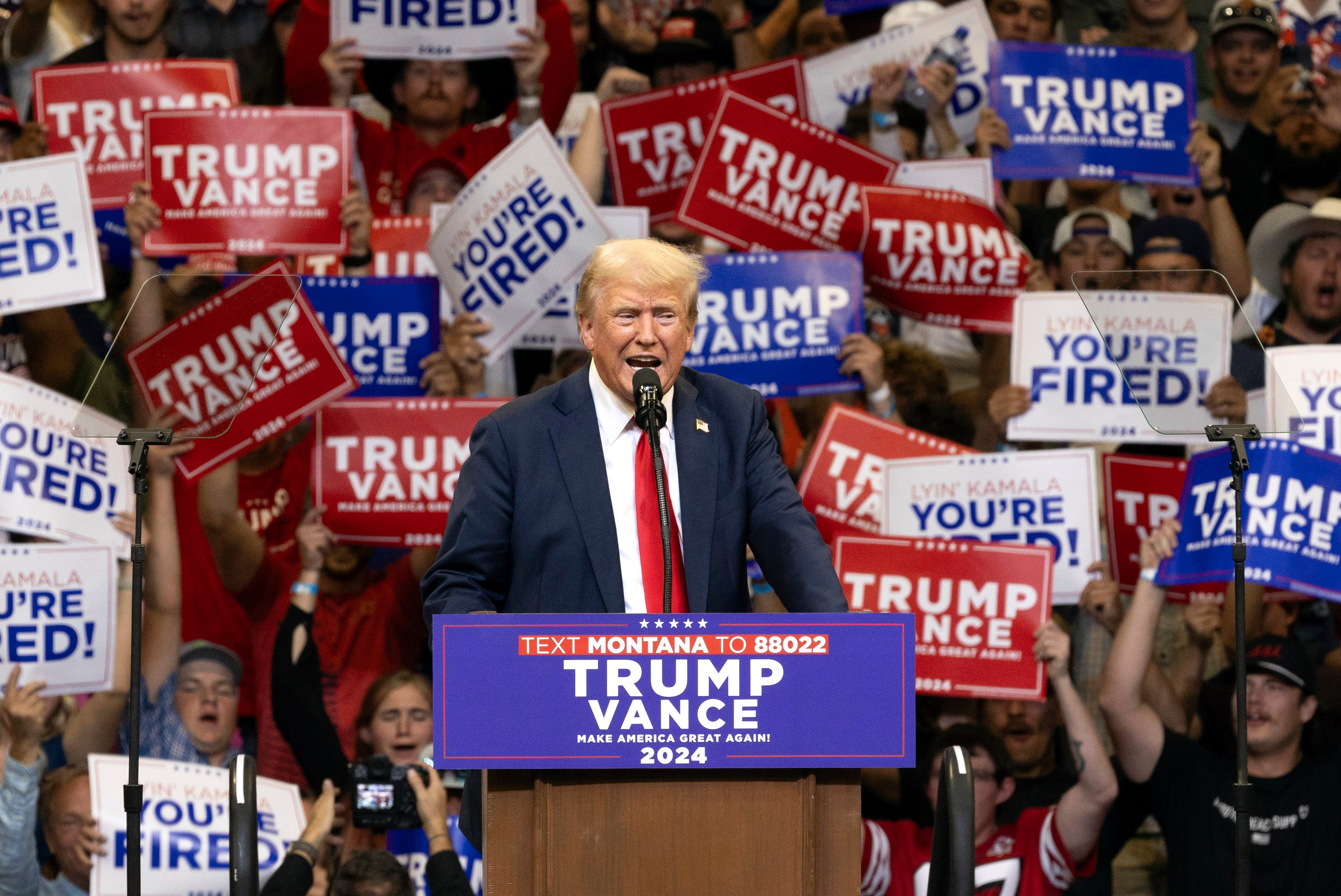 Republican presidential nominee former President Donald Trump speaks at a campaign rally in Bozeman, Mont., Friday, Aug. 9, 2024