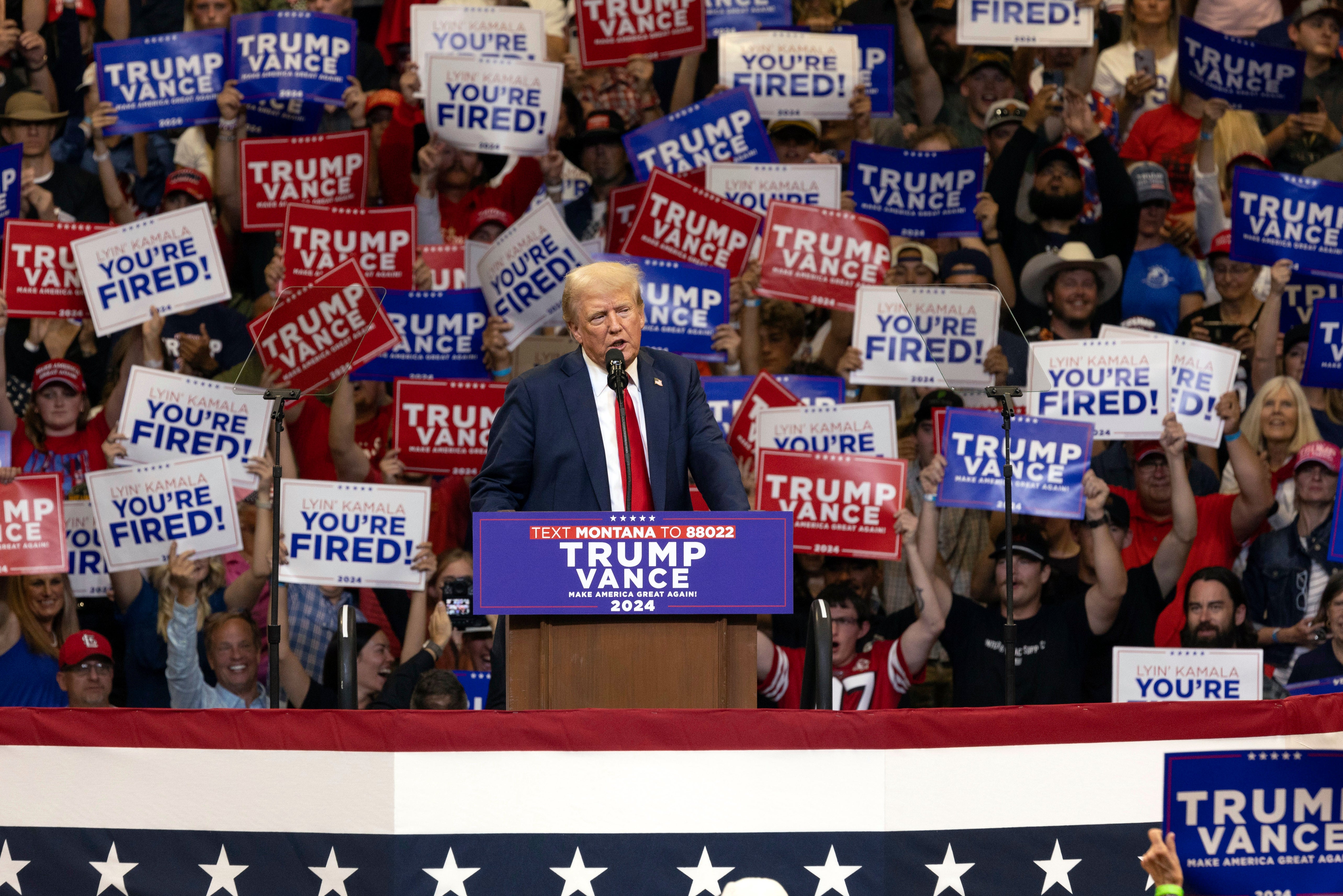 Republican presidential nominee former President Donald Trump speaks at a campaign rally in Bozeman, Mont., Friday, Aug. 9, 2024