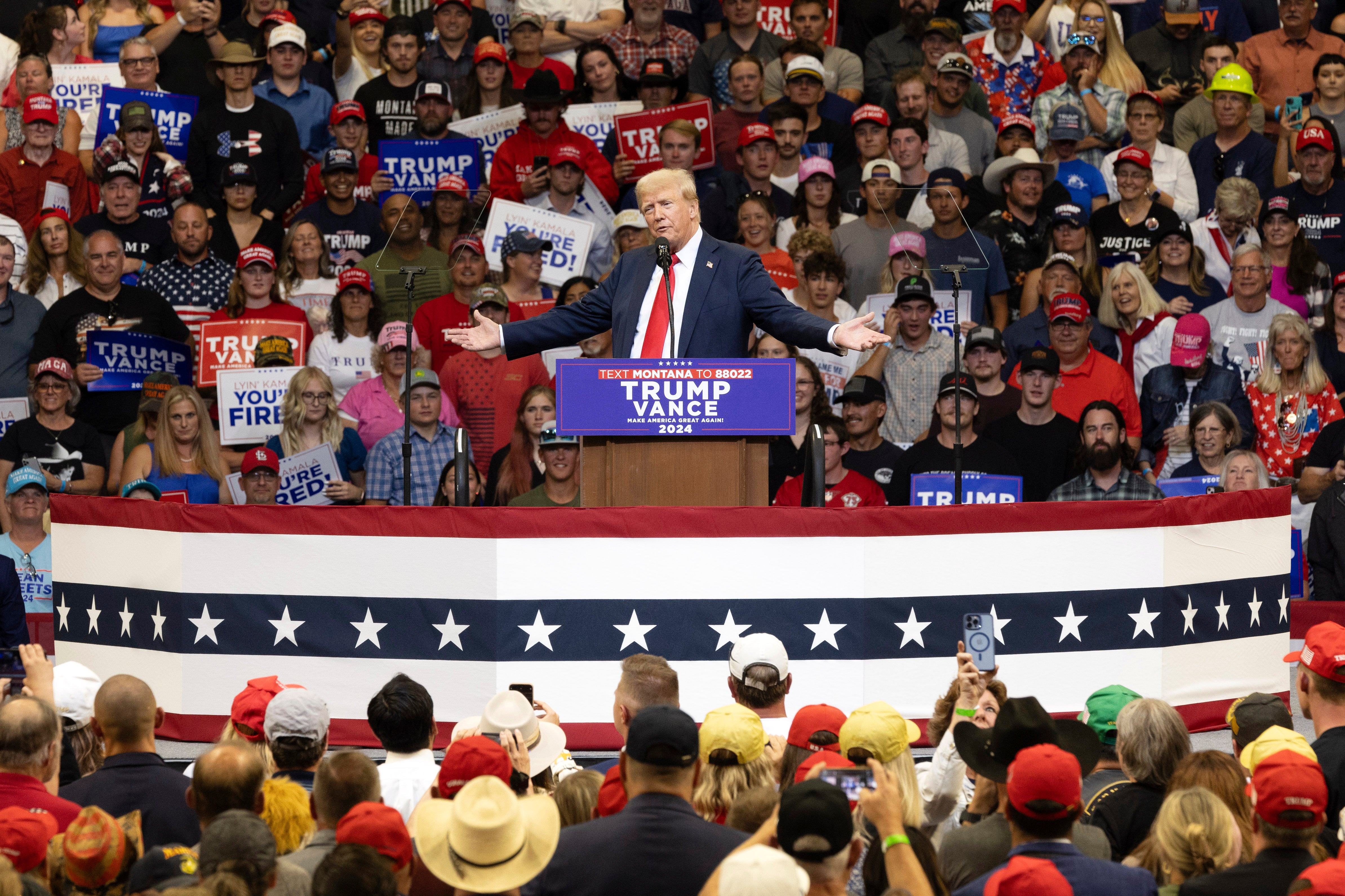 Republican presidential nominee former President Donald Trump speaks at a campaign rally in Bozeman, Mont., Friday, Aug. 9, 2024