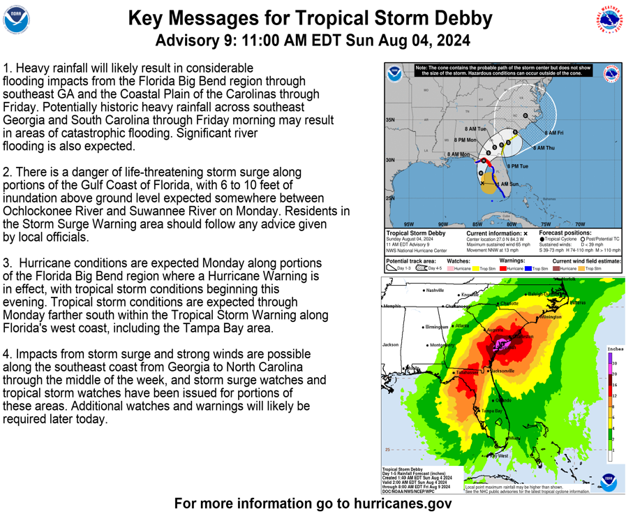 Key messages for Tropical Storm Debby as of 11 am ET on Sunday, August 4