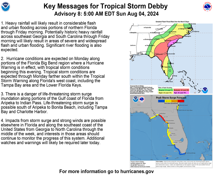 Key messages for Tropical Storm Debby as of Sunday morning