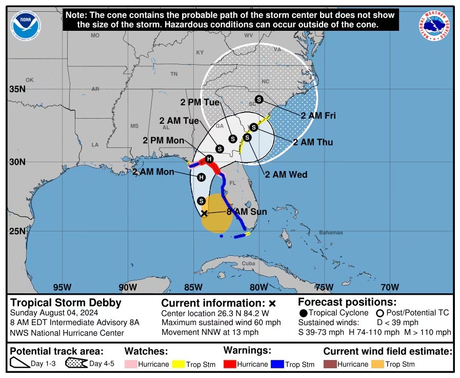 A map of Tropical Storm Debby’s expected path as of Sunday morning