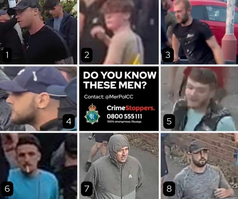 Merseyside police have released the following eight images of men sought in connection with the disorder