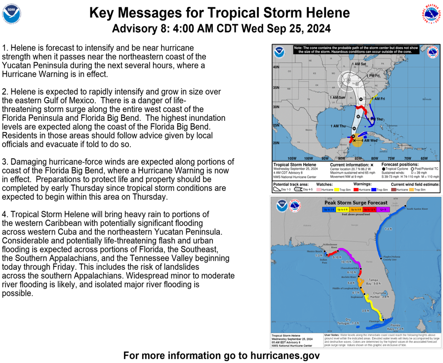 Maps and key messages for Tropical Storm Helene. The storm will likely strengthen into a Category 3 hurricane