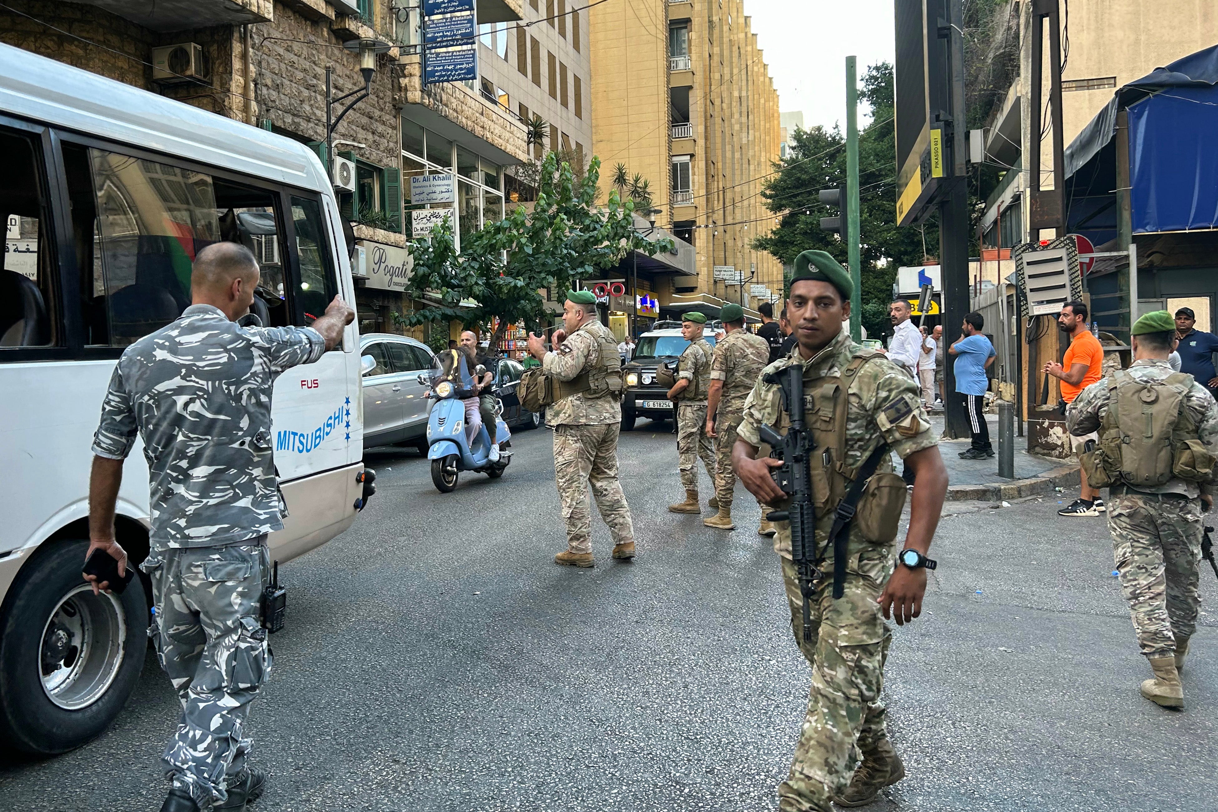 Lebanese army soliders standing guard in Beirut after hundreds of pagers exploded