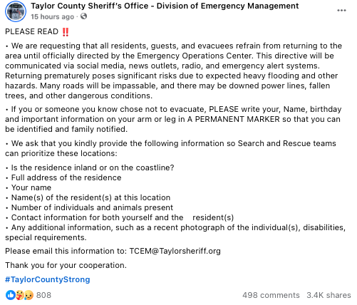 Taylor County Sheriff’s Office requested that residents that defied the evacuation mandate write their key details on their arm or leg