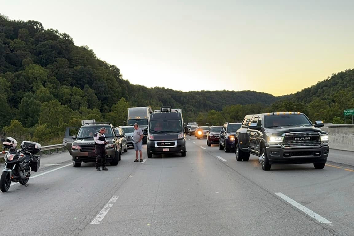 This image released by the Mount Vernon Fire Department shows traffic stopped during an active shooting on Interstate 75 north of London, Ky., Saturday, 7 September 2024