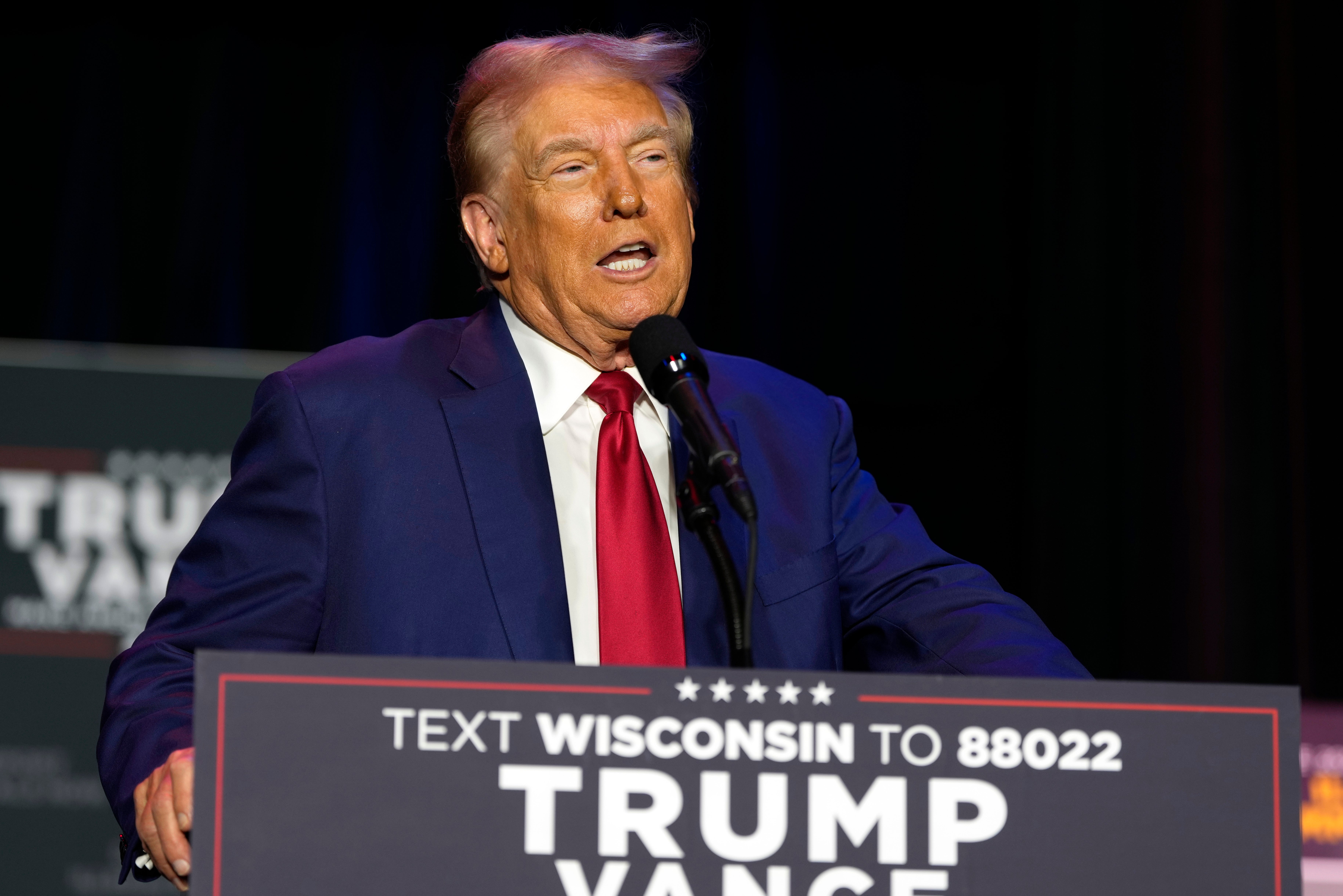 Republican presidential nominee former President Donald Trump speaks at a campaign stop Saturday, Sept. 28, 2024, in Prairie du Chien, Wis